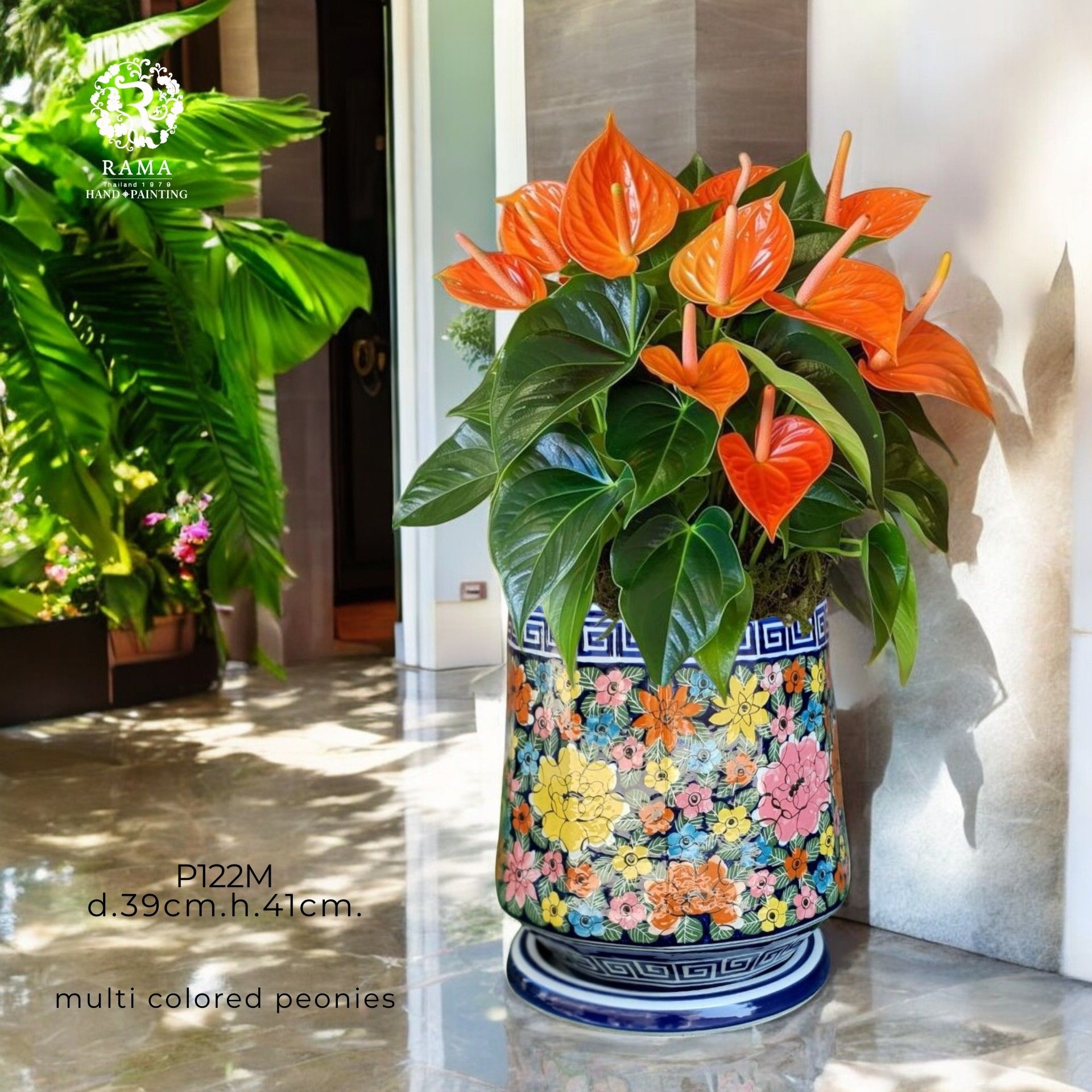 กระถางพร้อมถาดรอง P122M ลายดอกโบตั๋น
