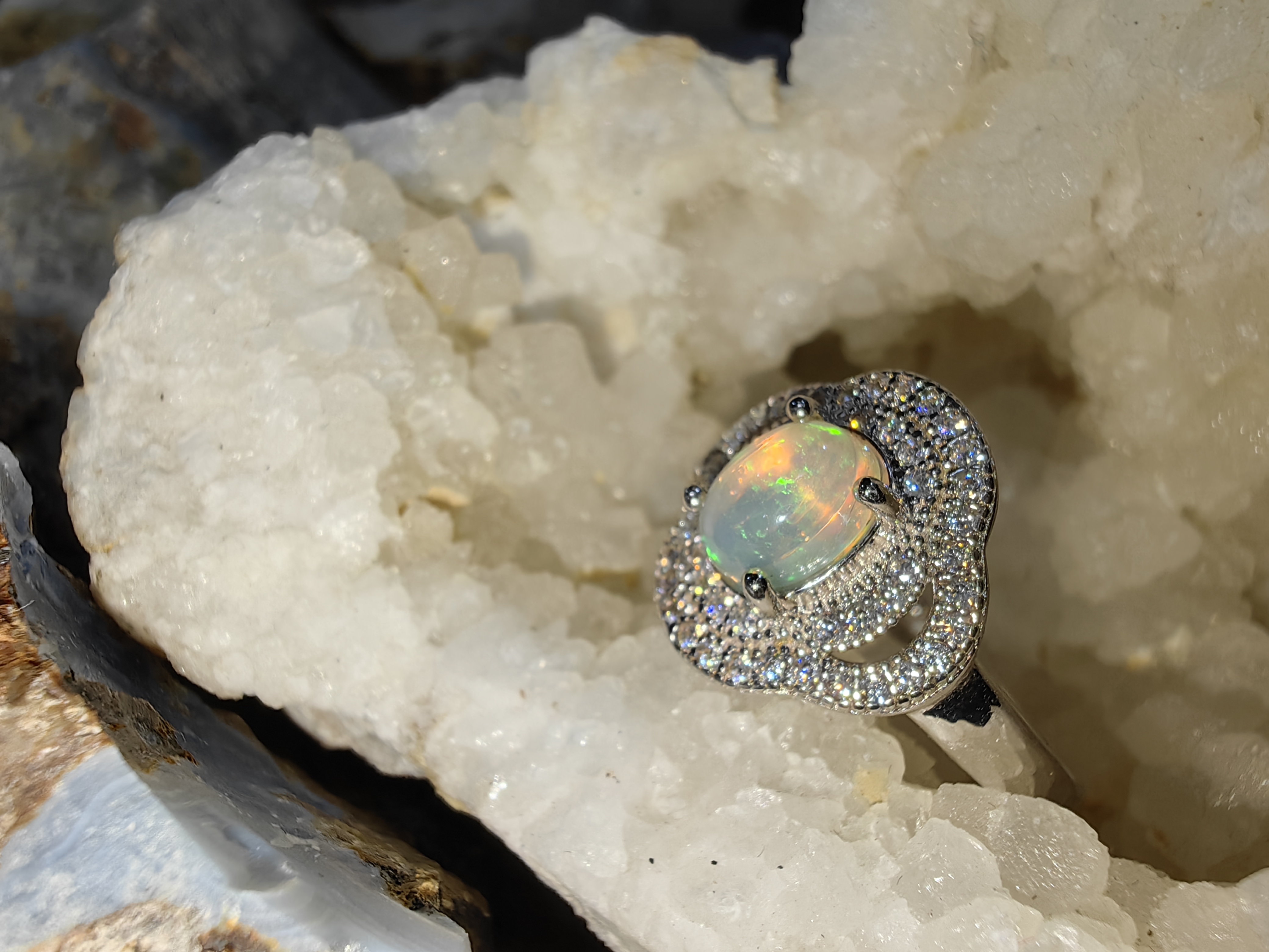 Opal, Swiss Diamond 925 Sterling Silver Ring แหวนโอปอ เพชรสวิส เงินแท้ 925 Size 56