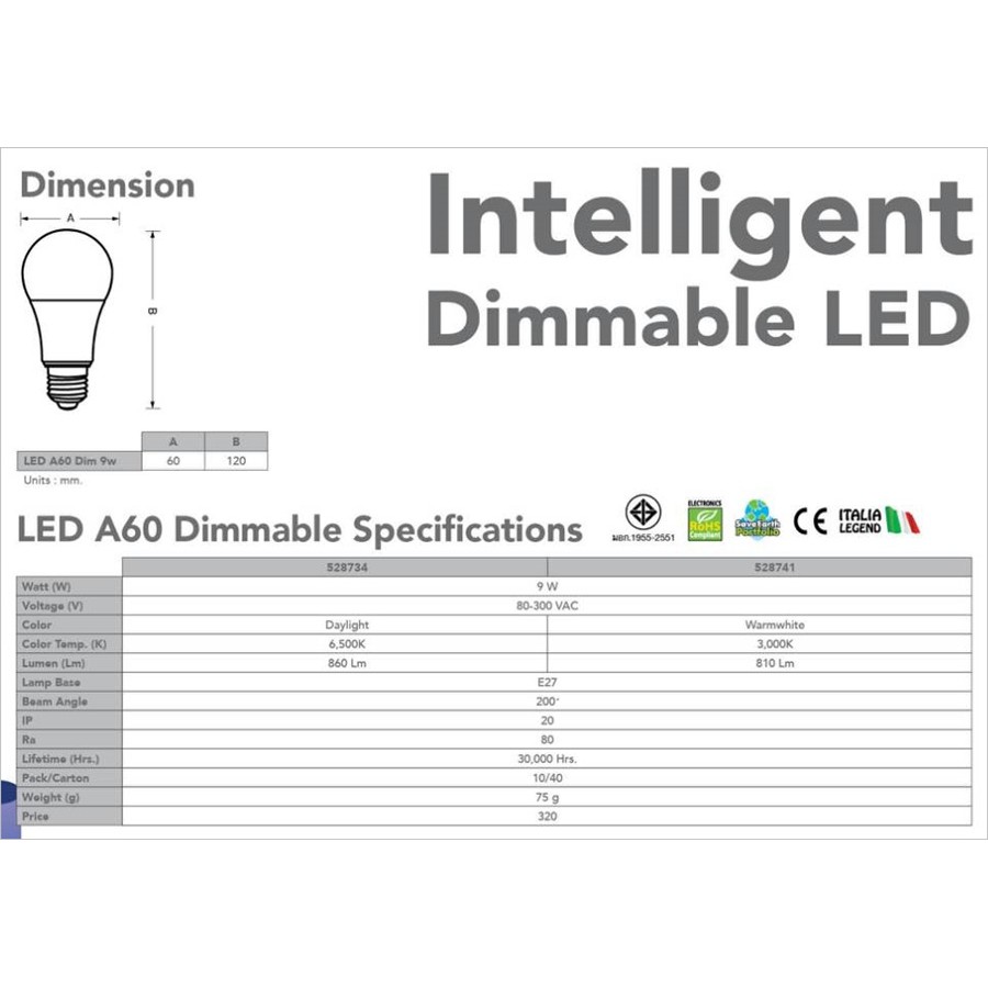 หลอดหรี่แสง LED เพิ่ม-ลดแสง หรี่แสงได้ A60 Dimmable Bulb 9W E27 EVE หลอดดรีมเมอร์