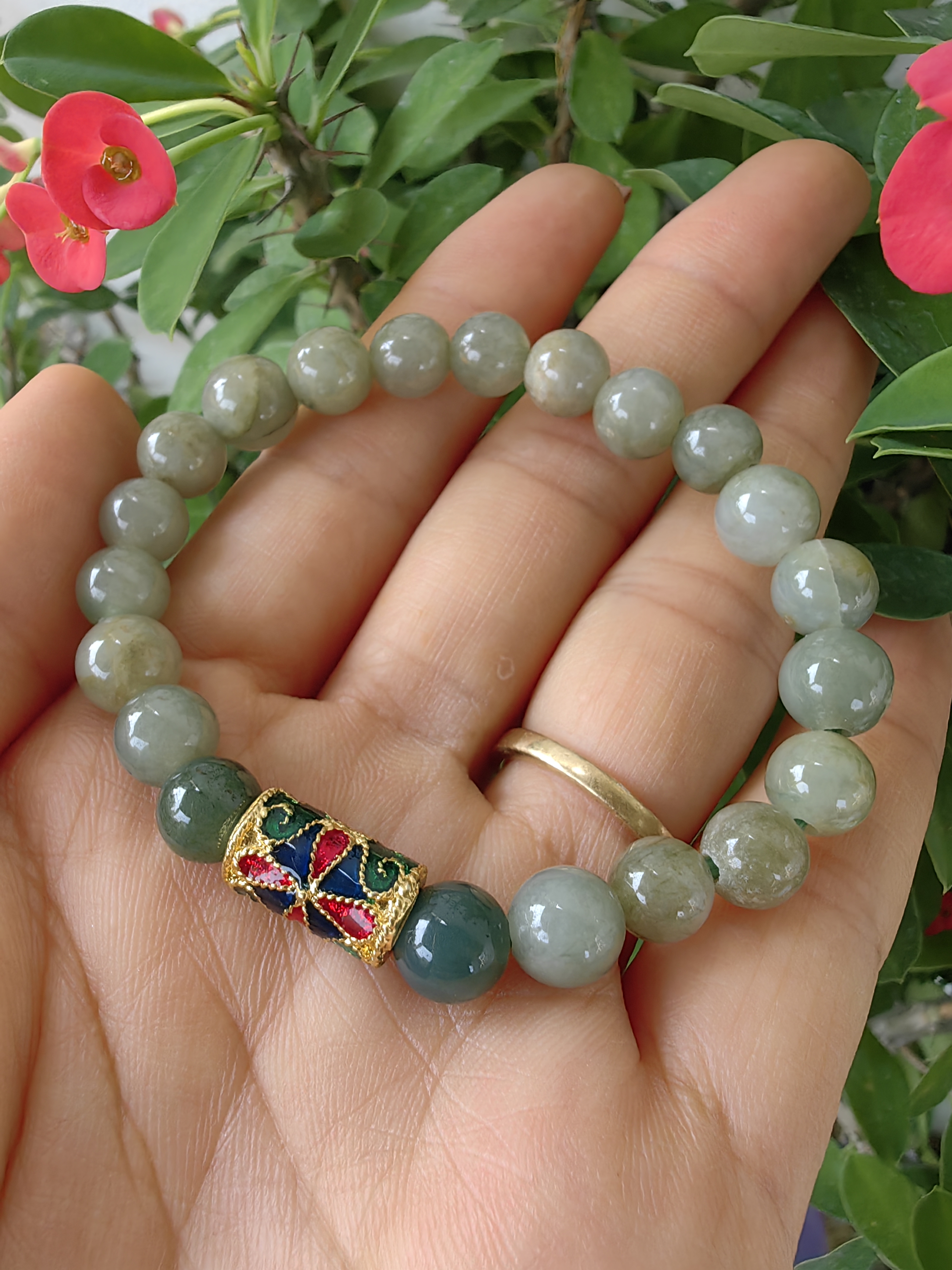 Burmese Jadeite Bracelets Thai Enamel Gold plated 8 mm. สร้อยข้อมือหยกพม่า ลงยาสุโขทัย กลม 8 มม. Free Size