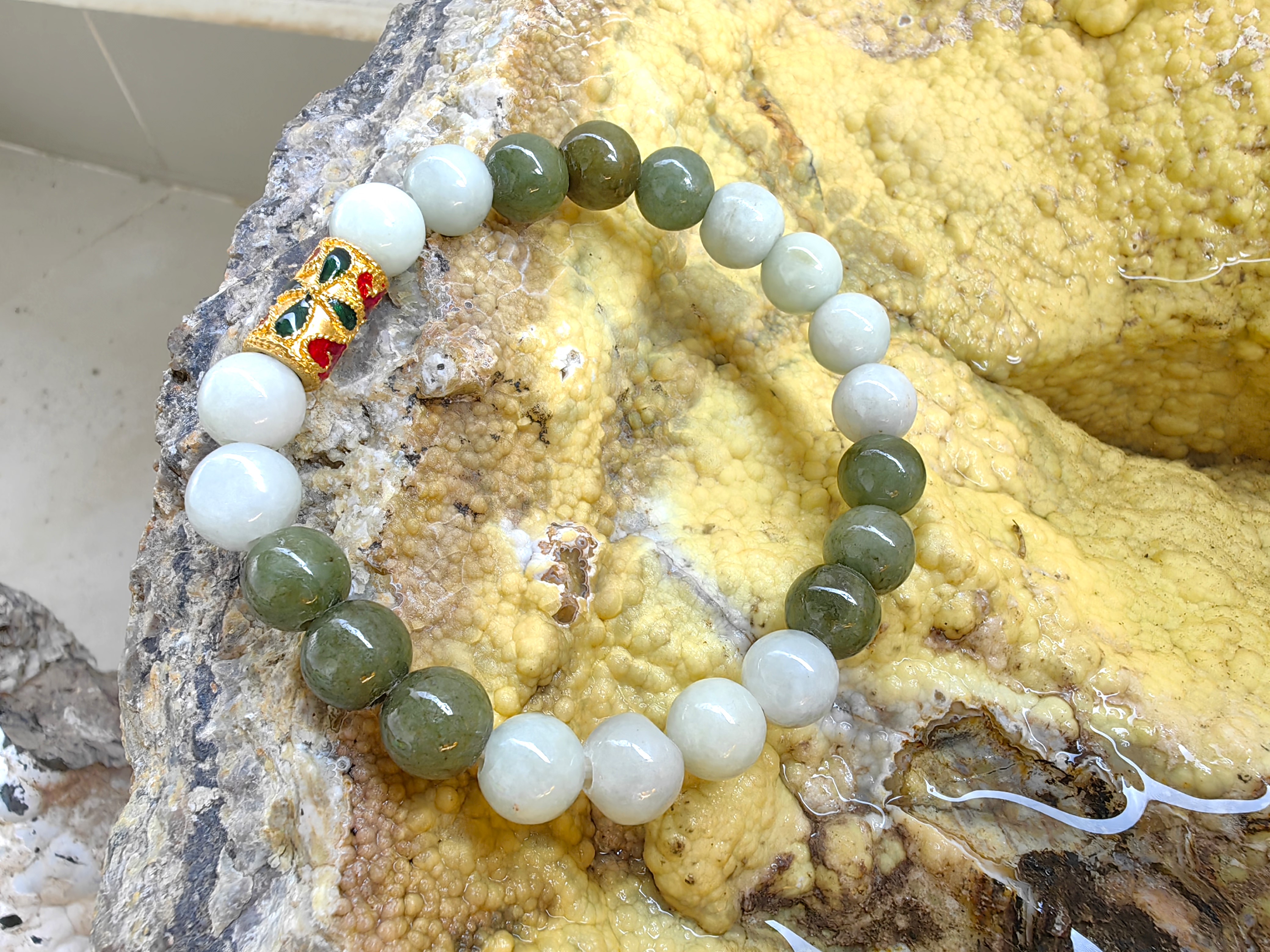 Burmese Jadeite Bracelets Thai Enamel Gold plated 9 mm. สร้อยข้อมือหยกพม่า ลงยาสุโขทัย กลม 9 มม. Free Size