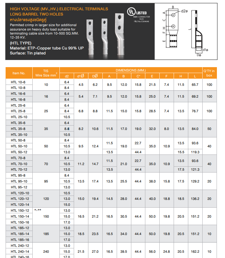 หางปลาแรงสูงชนิดรูคู่ เบอร์ 50 T-LUG Long Barrel Two Hole ยี่ห้อ T-LUG HTL