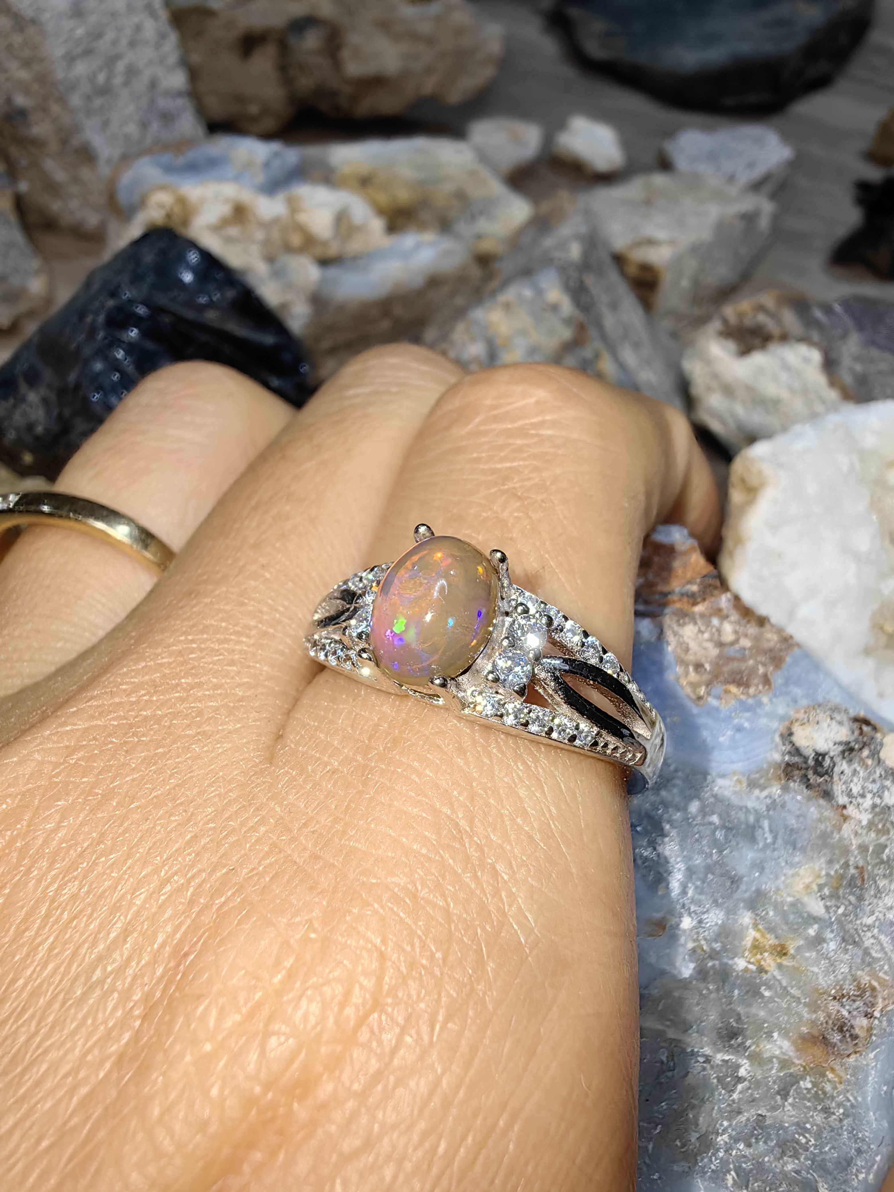Opal, Swiss Diamond 925 Sterling Silver Ring แหวนโอปอ เพชรสวิส เงินแท้ 925 Size 60