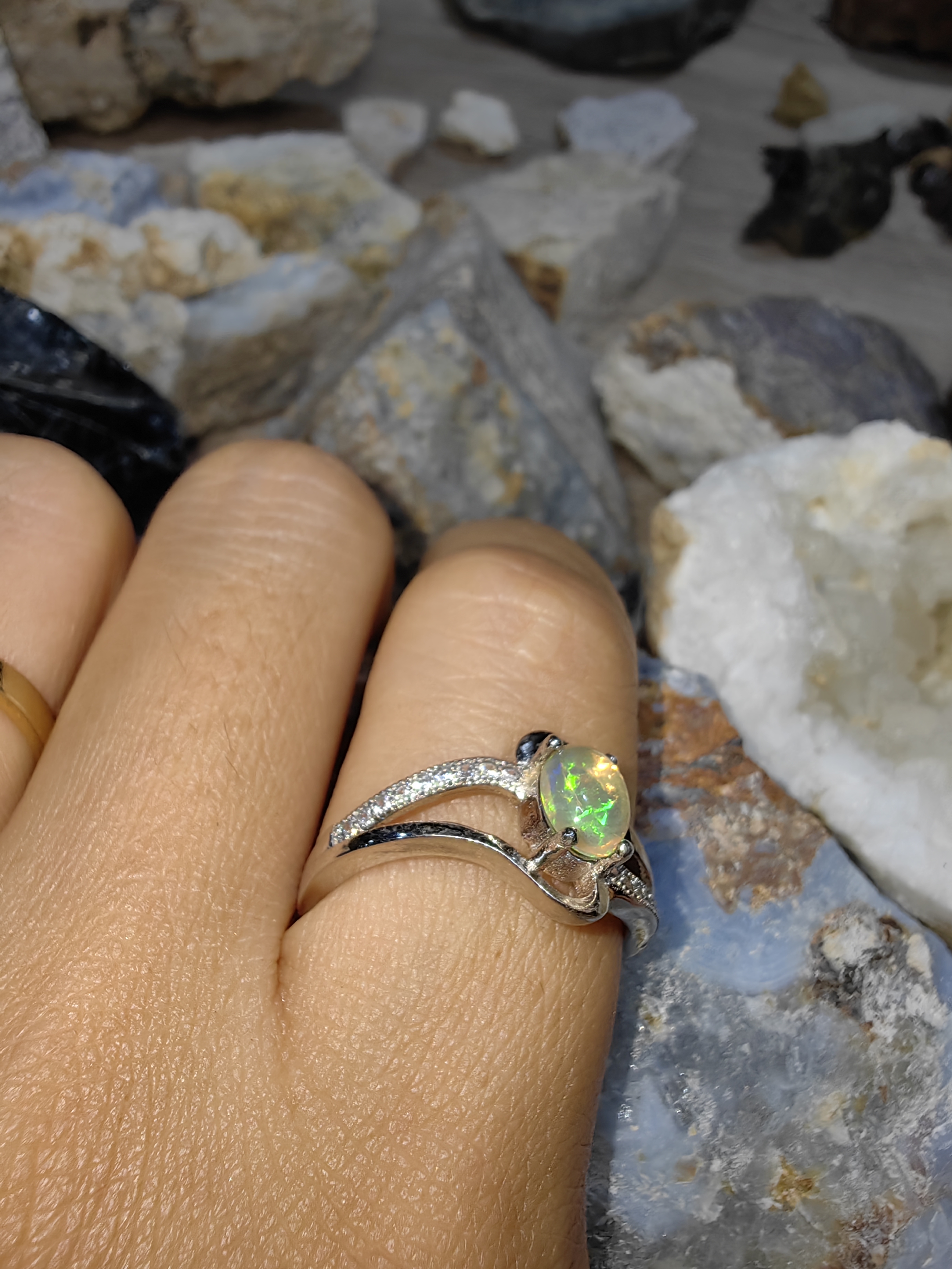 Opal, Swiss Diamond 925 Sterling Silver Ring แหวนโอปอ เพชรสวิส เงินแท้ 925 Size 56
