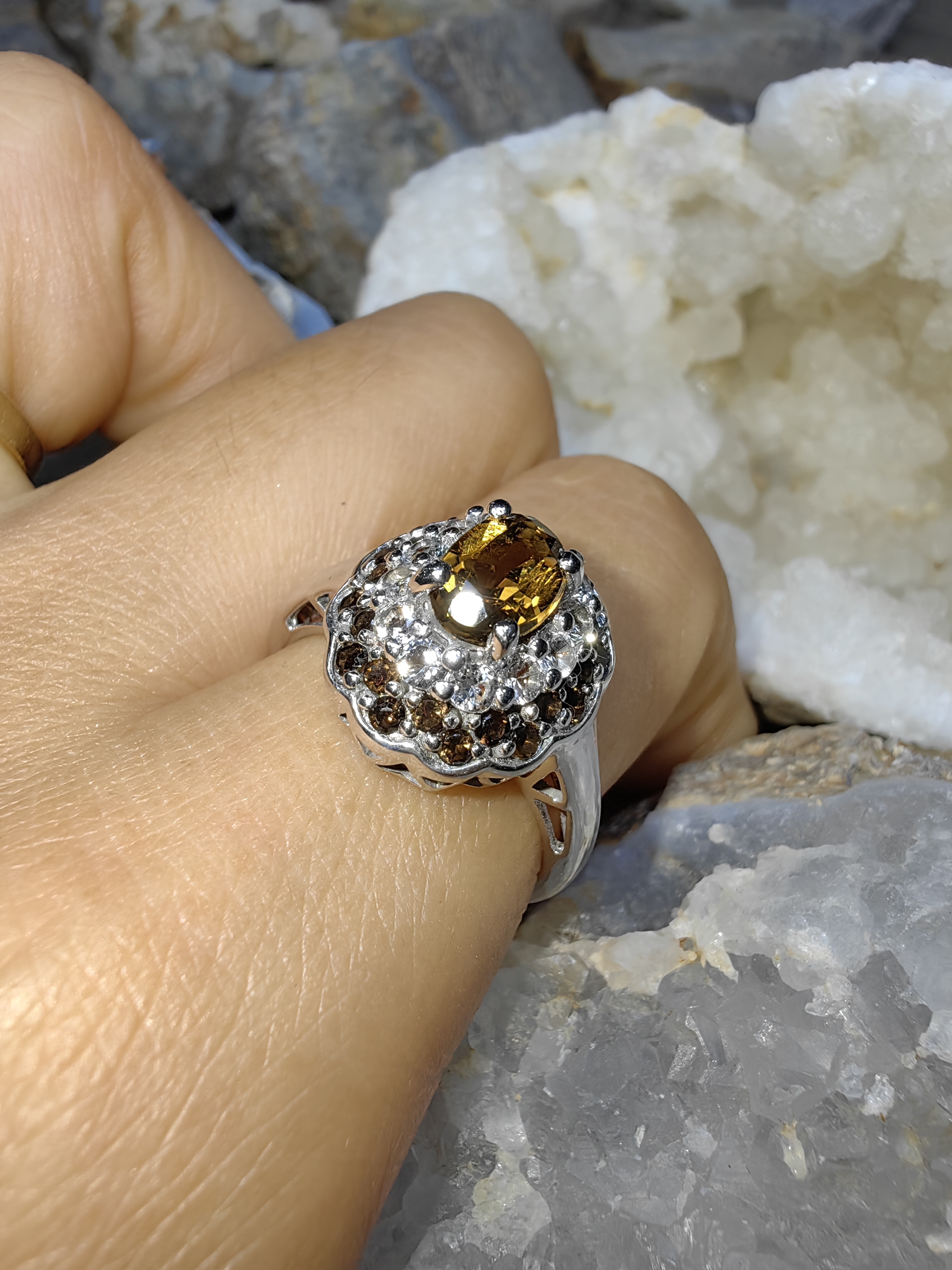 SMOKY QUARTZ WHITE TOPAZ RING