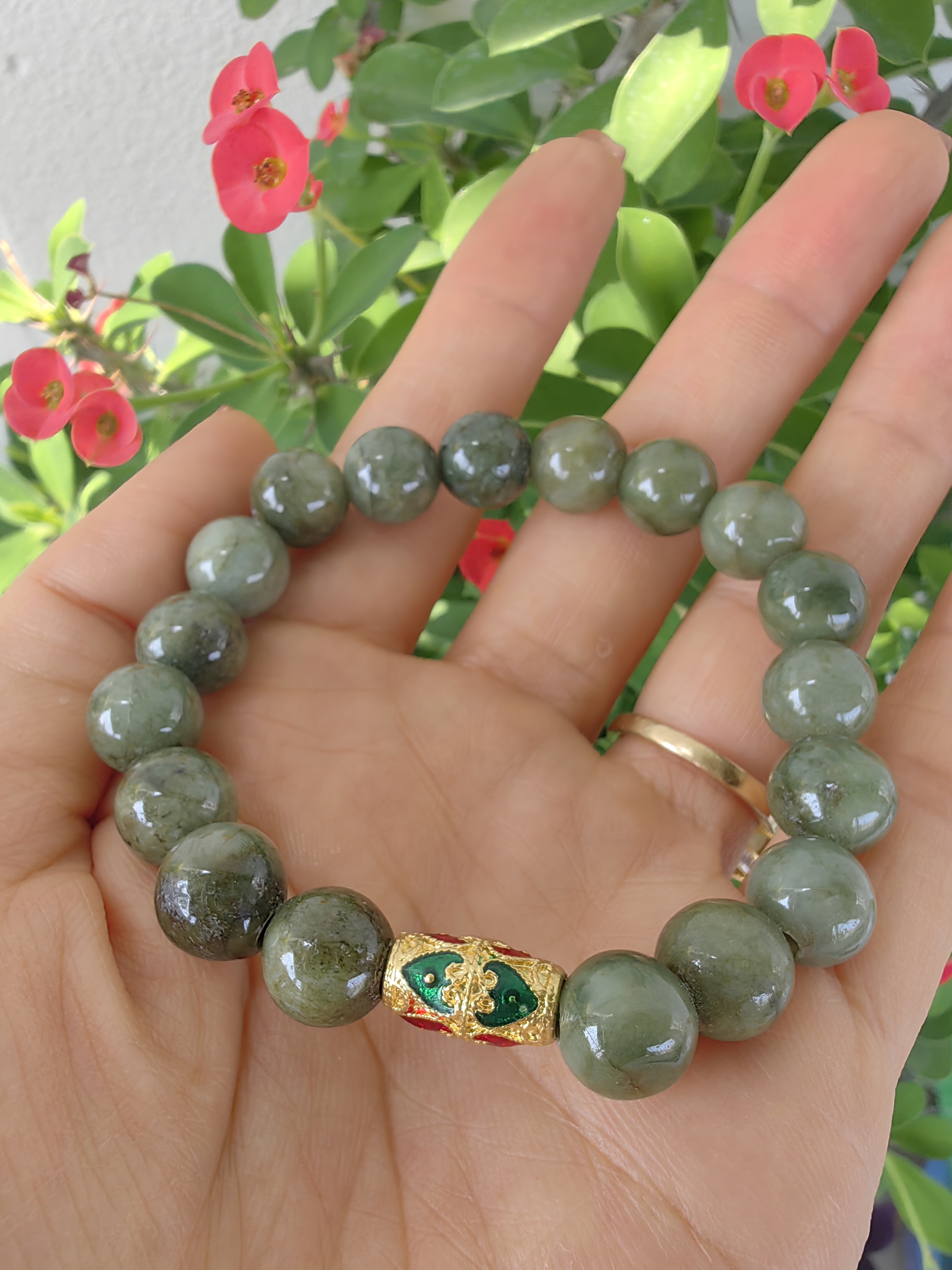 Burmese Jadeite Bracelets Thai Enamel Gold plated 10 mm. สร้อยข้อมือหยกพม่า ลงยาสุโขทัย กลม 10 มม. Free Size