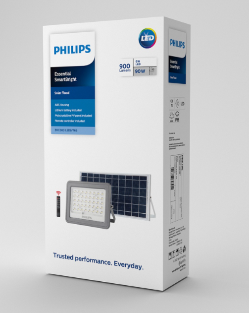 Philips สปอร์ตไลท์โซล่าเซลล์ รุ่น BVC080 60W 90W 150W แสงส้ม WARMWHITE โคมโซล่าเซลล์ Solar Flood Light Essential SmartBright ประกัน สินค้า1ปี มี3ขนาด 60W/90W/150W
