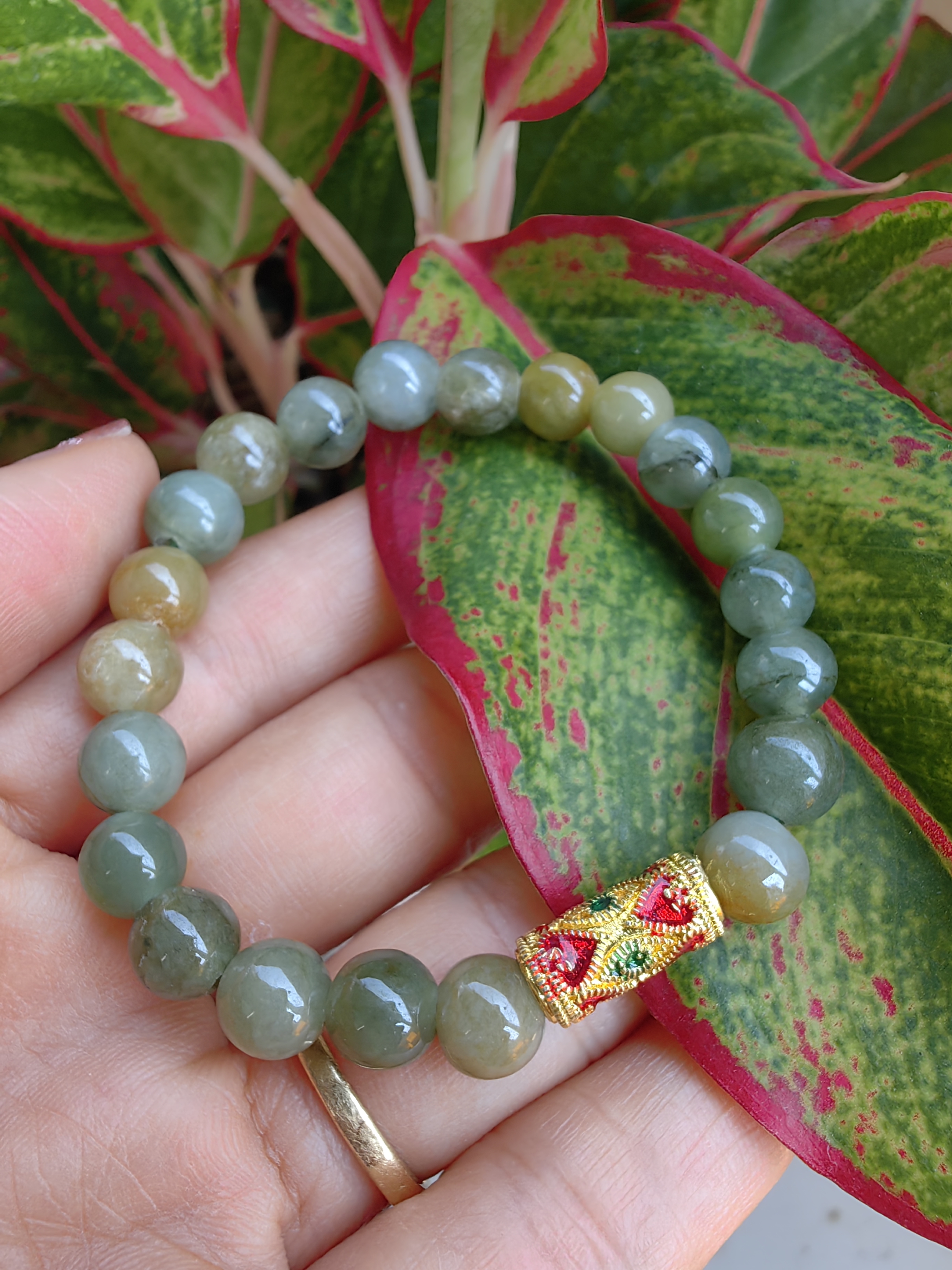 Burmese Jadeite Bracelets Thai Enamel Gold plated 7 mm. สร้อยข้อมือหยกพม่า ลงยาสุโขทัย กลม 7 มม. Free Size