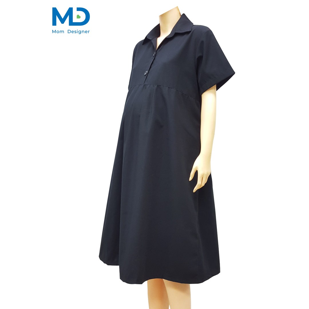 001BK ชุดคลุมท้องปกเชิ้ต สีดำ