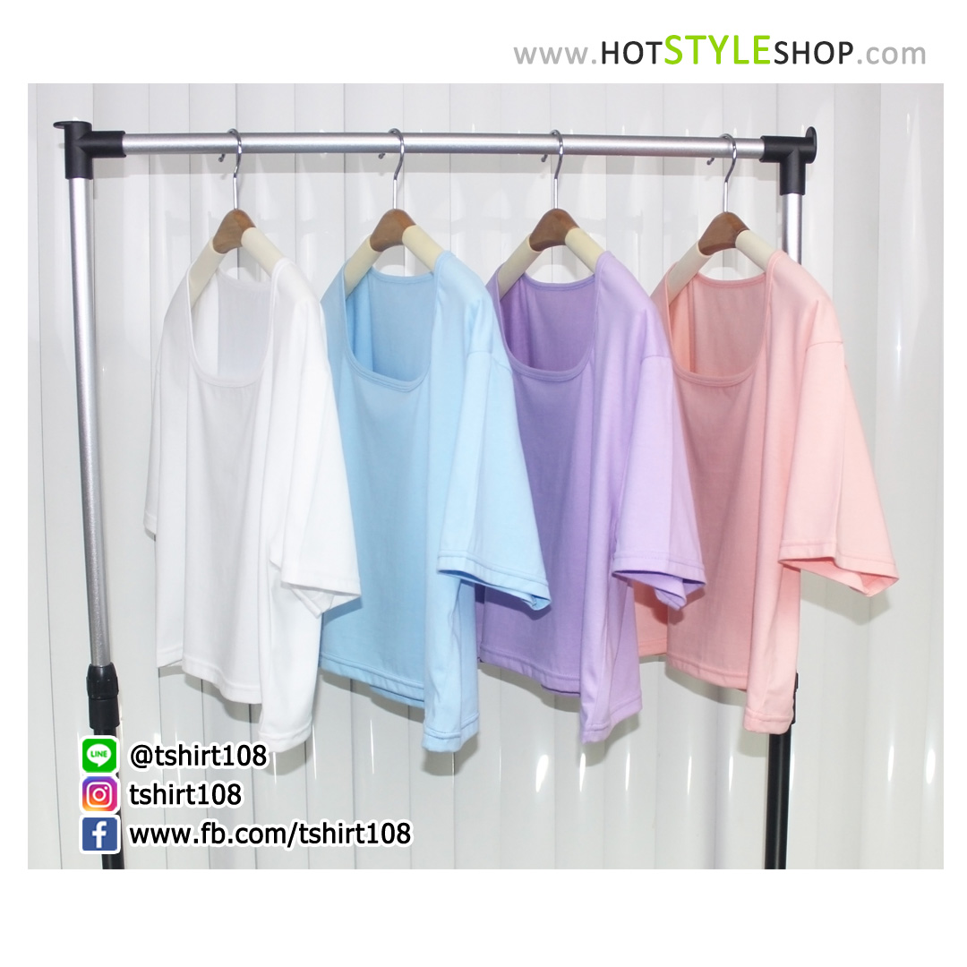 เสื้อครอปคอเหลี่ยม แขนสั้น สีพาสเทล