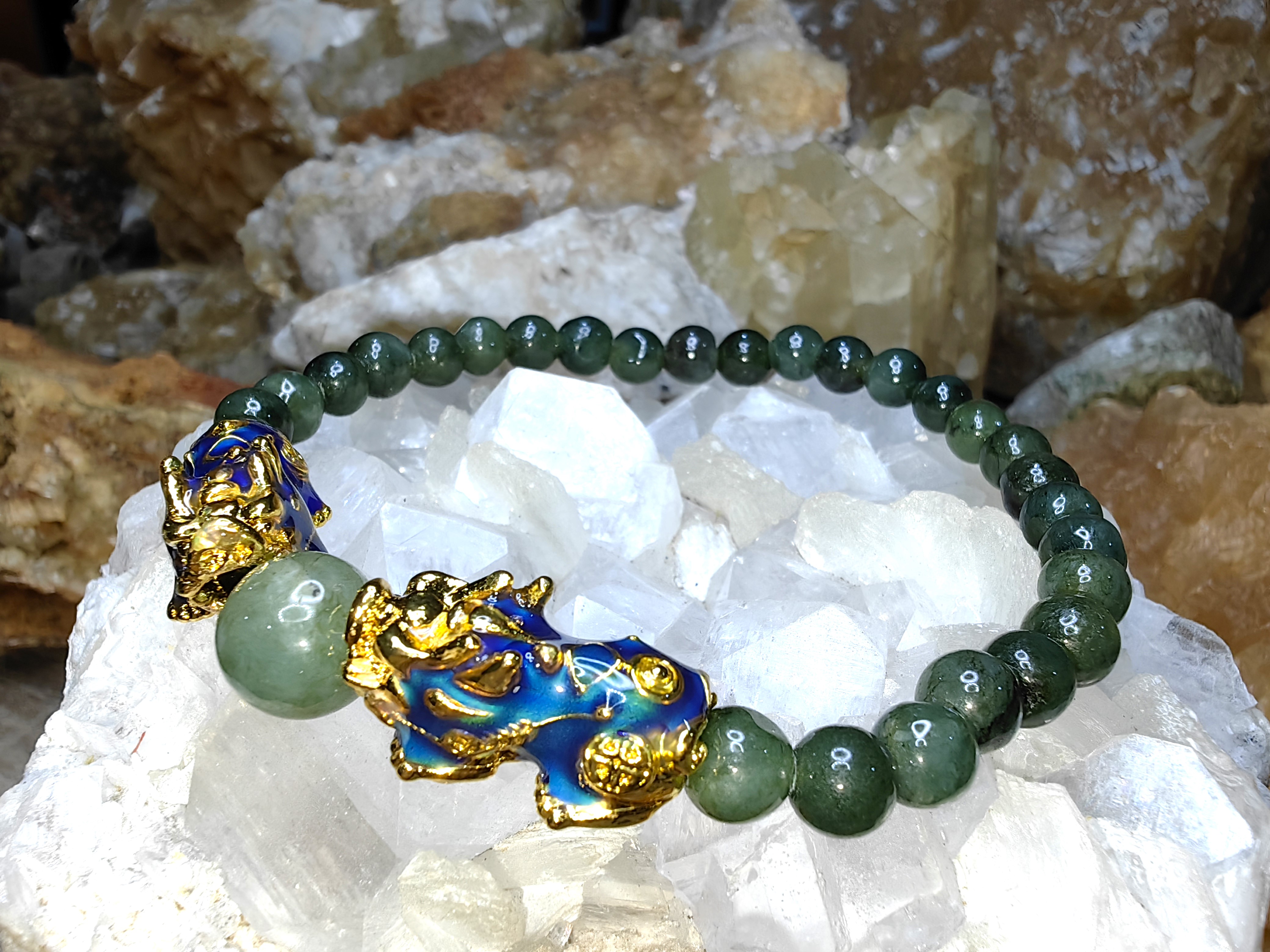 Burmese Jadeite Bracelets Color Change Dragon by Temperature Round 6 mm. สร้อยข้อมือหยกพม่าปี่เซียะเปลี่ยนสีตามอุณหภูมิ กลม 6 มม. Free Size