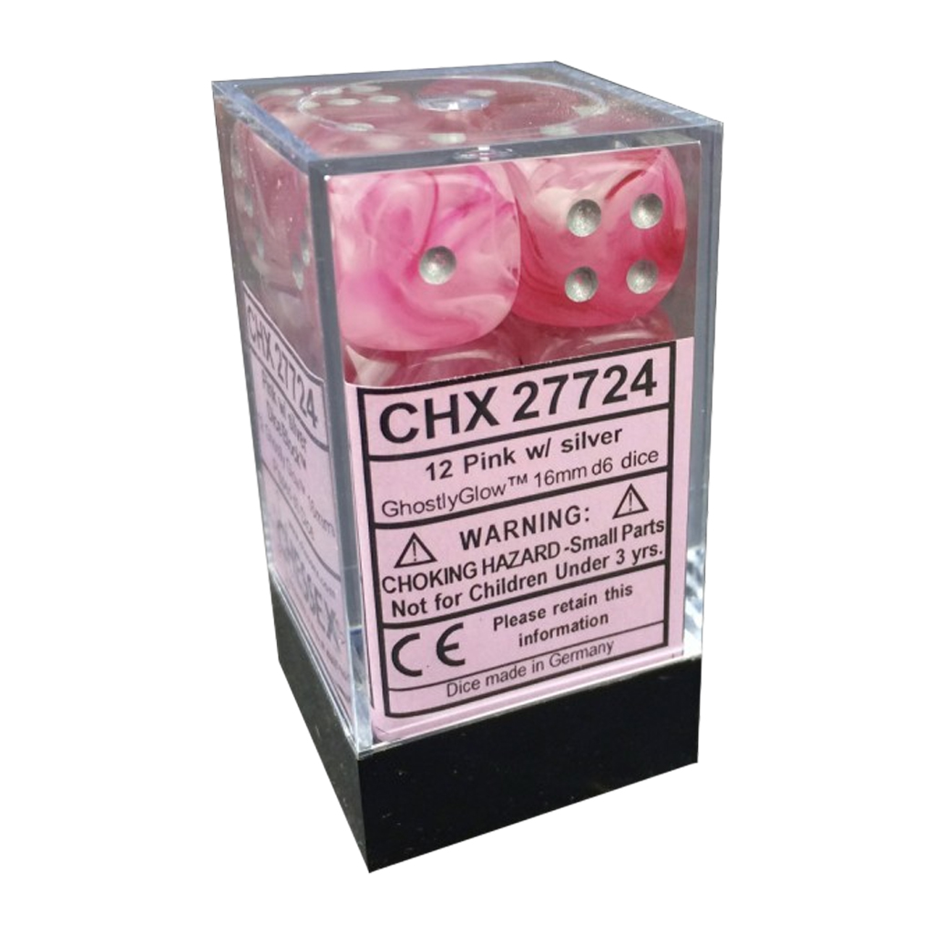 [ลูกเต๋า] Chessex: Menagerie 9 Ghostly Glow Pink/Silver 16mm D6 (12 Dice)