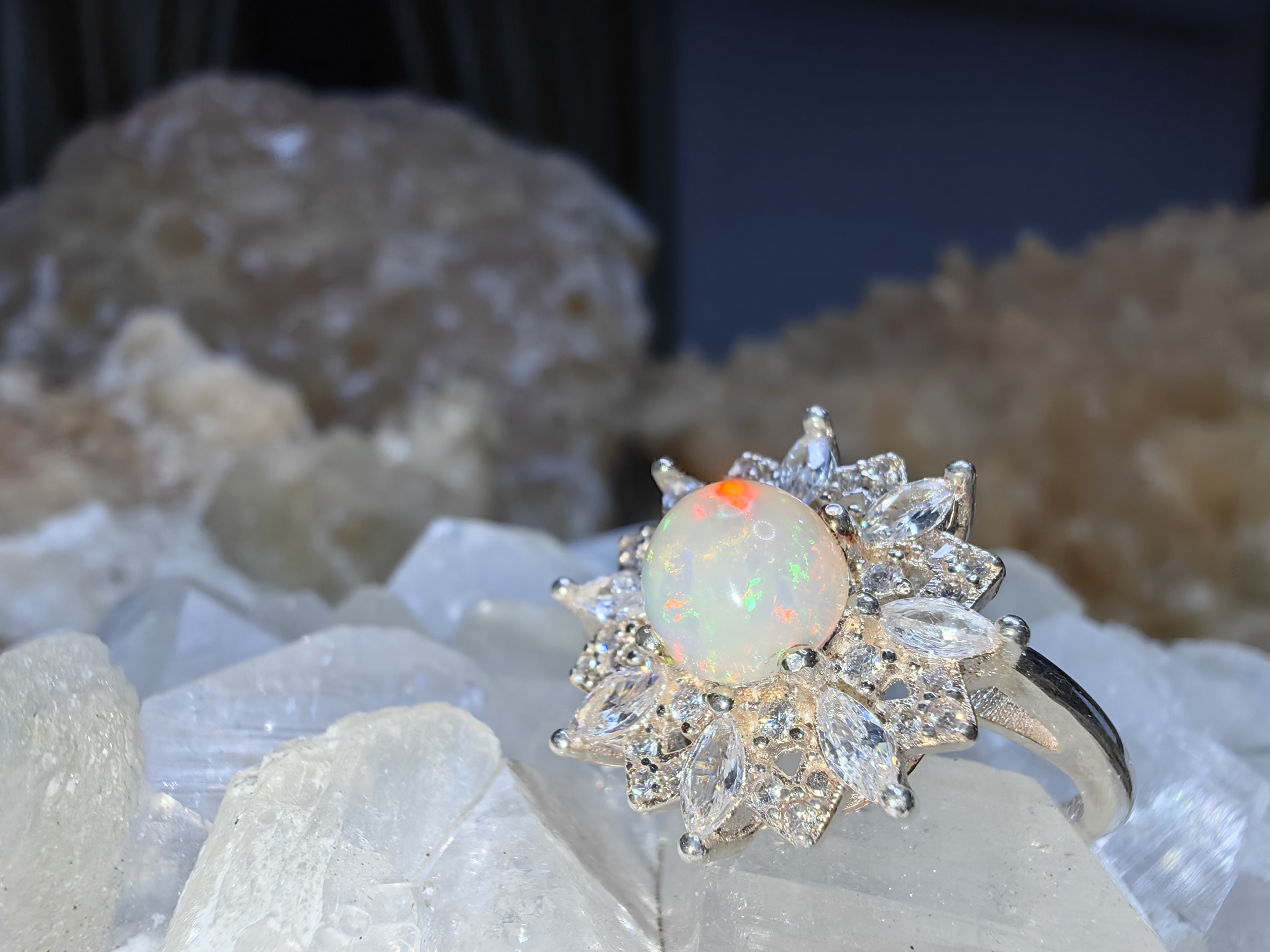 Opal, CZ 925 Sterling Silver Ring แหวนโอปอ เพชรCZ เงินแท้ 925 Size 56