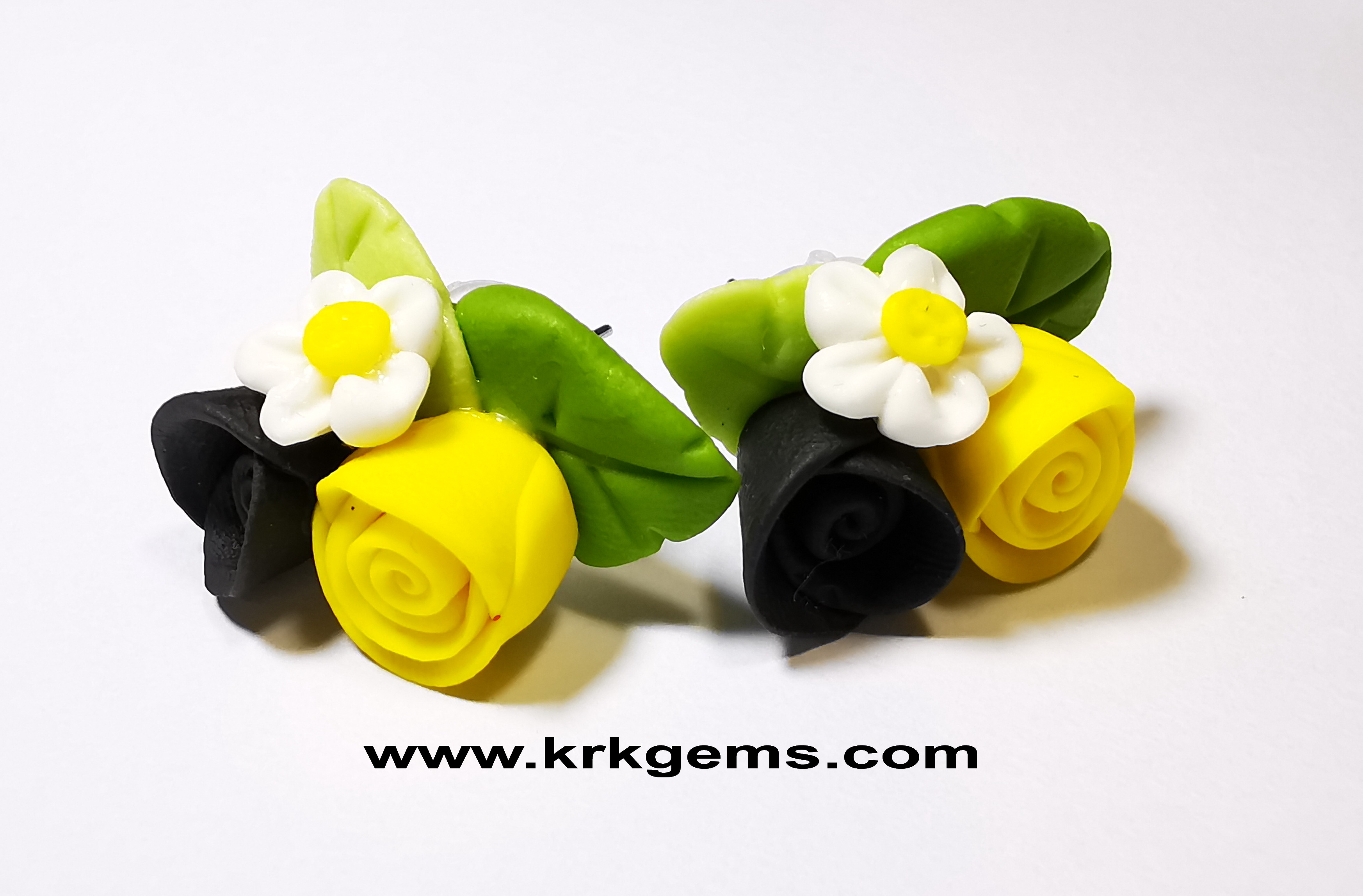 YELLOW BLACK 2ROSE HANDMADE CLAY EARRING