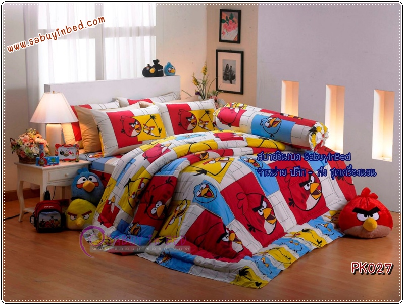 ชุดเครื่องนอน ผ้าปูที่นอนกันไรฝุ่น ซาตินพรีเมียร์ PK027 (แองกี้เบิร์ด Angry Bird มาแนวลายตารางสี่เหลี่ยม เก๋มาก สีสะอาดตา)