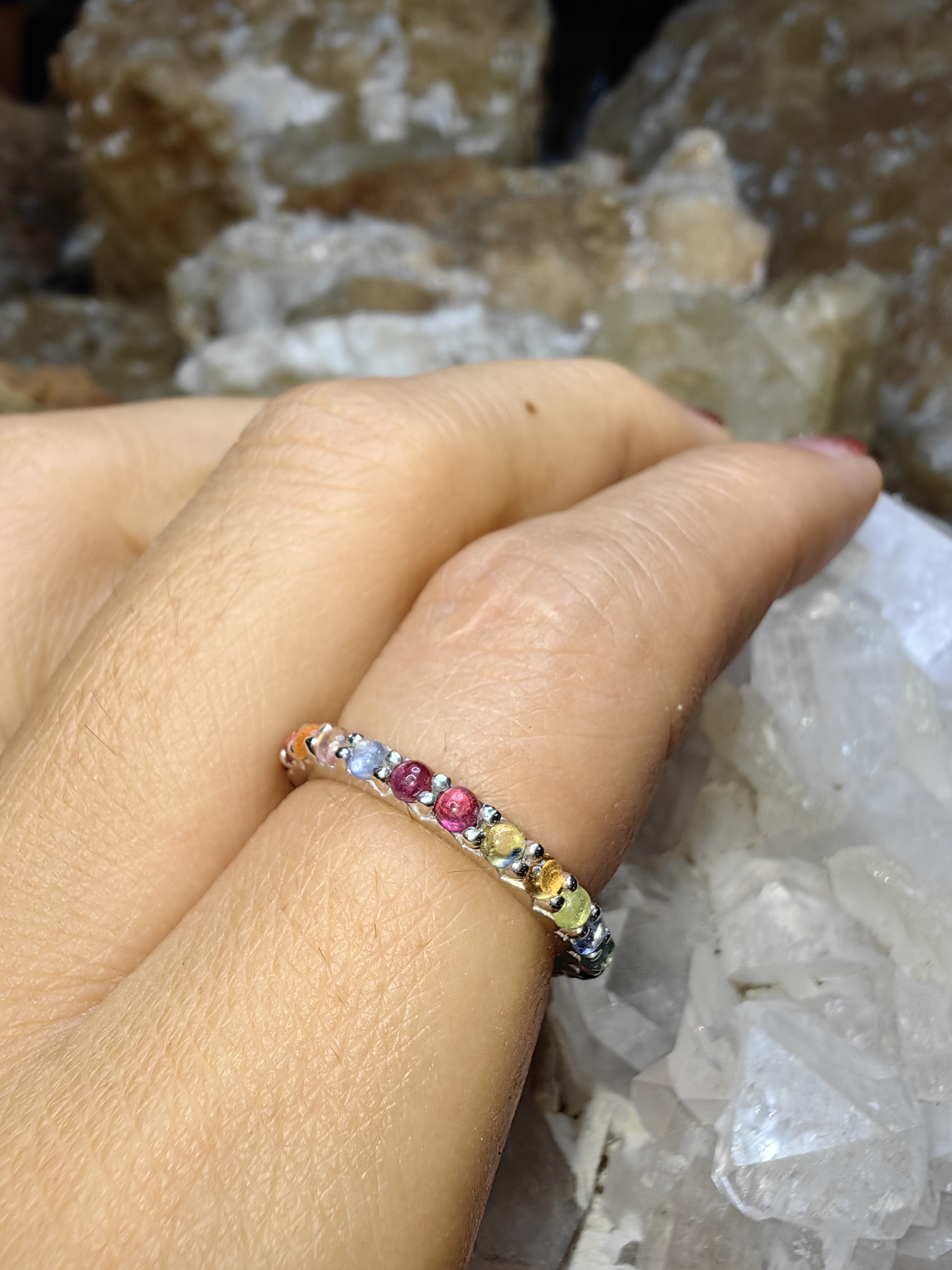 9 Lucky gemstones Ruby, Blue Sapphire, Emerald, Topaz, Zircon, Yellow Sapphire, Moonstone, Garnet, Cat's eyes 925 Sterling Silver แหวนนพเก้า ทับทิม ไพลิน มรกต โทแพซ ไพฑูรย์ บุษราคัม มูนสโตน โกเมน ตาแมว Size 56 เงินแท้ 925