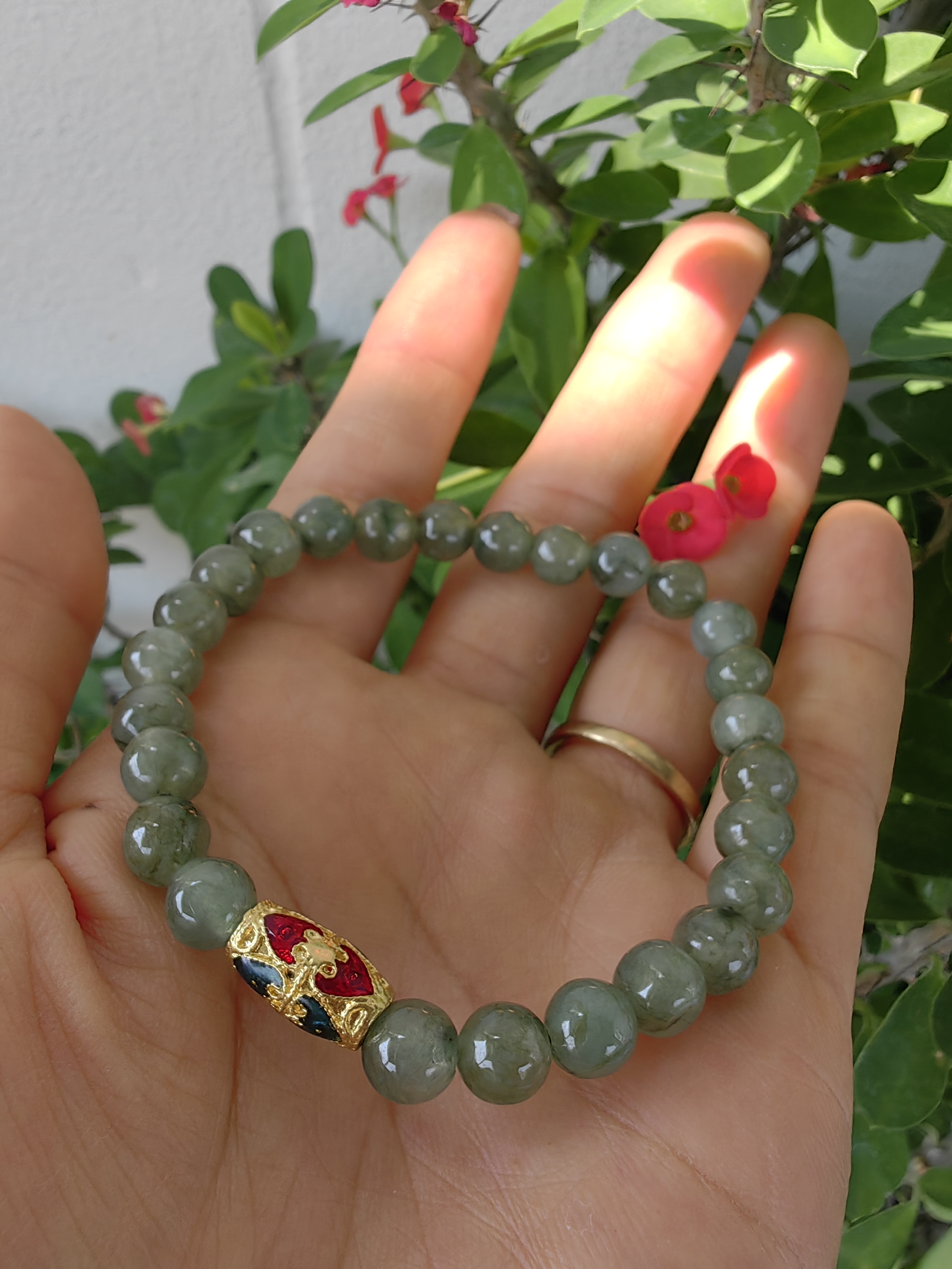 Burmese Jadeite Bracelets Thai Enamel Gold plated 7 mm. สร้อยข้อมือหยกพม่า ลงยาสุโขทัย กลม 7 มม. Free Size