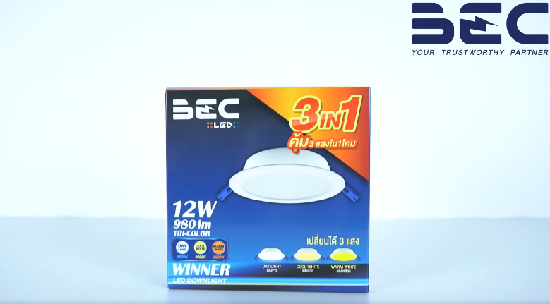 โคมดาวน์ไลท์หน้ากลม 7 นิ้ว LED 15W Tri-Color BEC รุ่น WINNER 15W Tri-Color 3แสง ขอบขาว