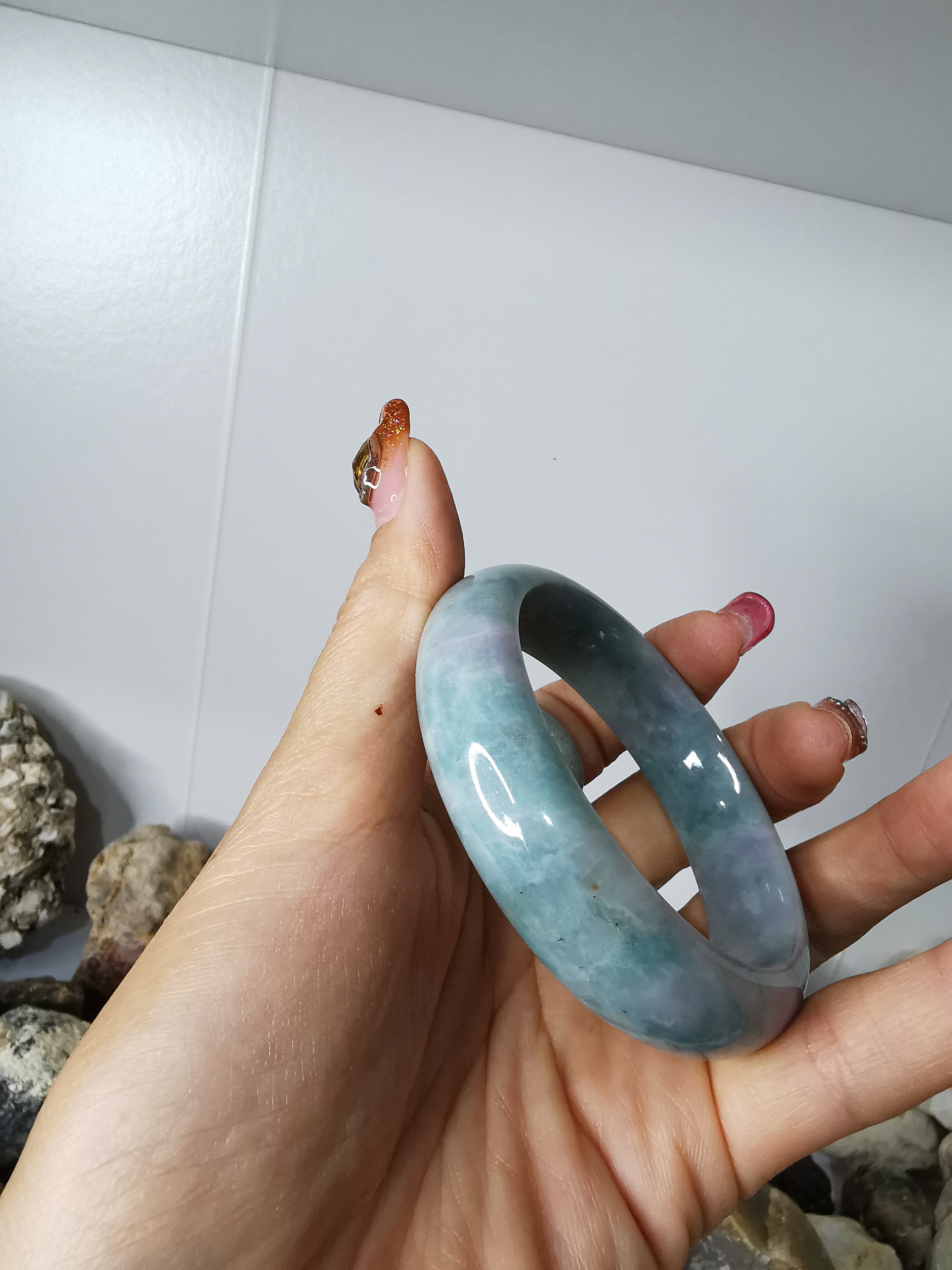 Violet Green White Jadeite Bangle กำไลหยกเจไดต์แท้ Diameter/ เส้นผ่านศูนย์กลางด้านใน /size 57 mm.*