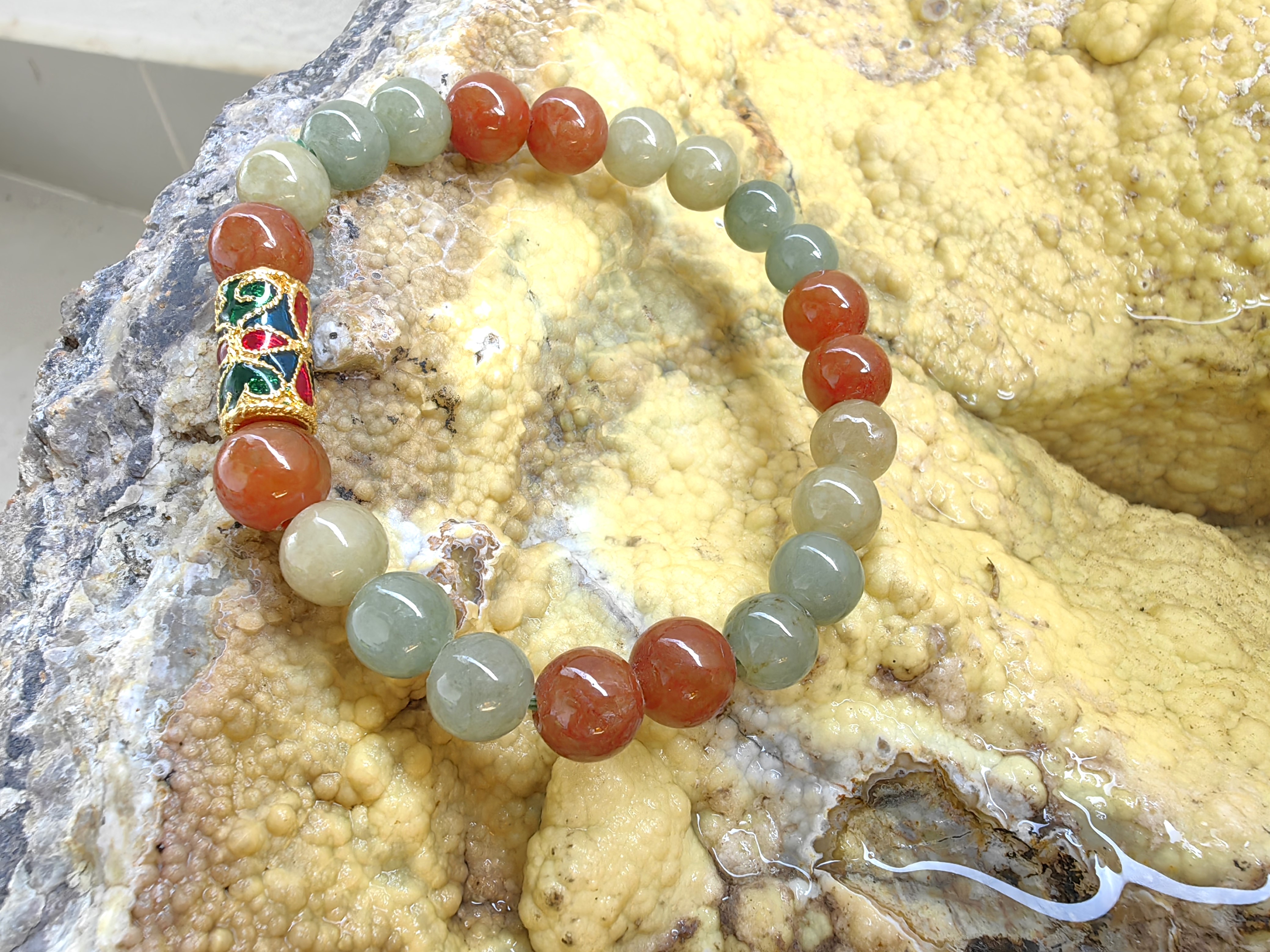 Burmese Jadeite Bracelets Thai Enamel Gold plated 8 mm. สร้อยข้อมือหยกพม่า ลงยาสุโขทัย กลม 8 มม. Free Size