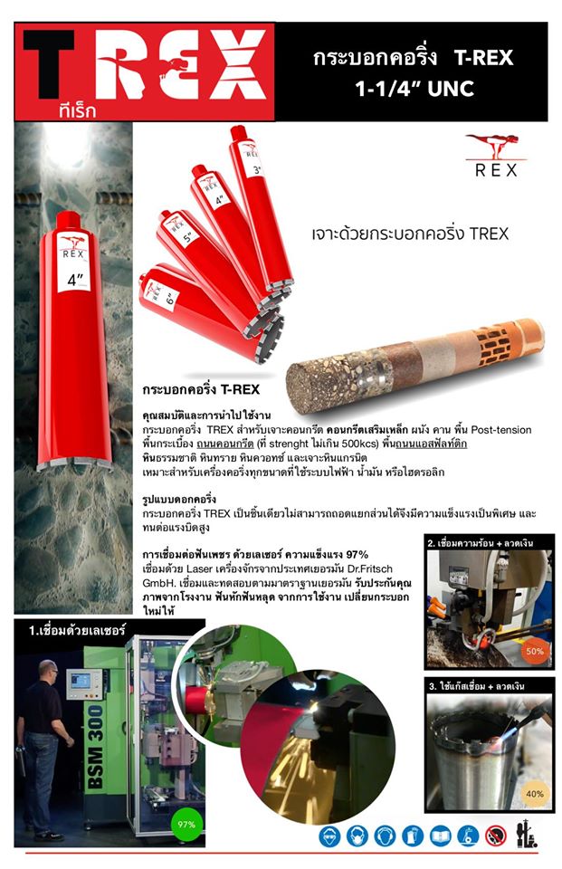 กระบอกคอริ่งทีเร็ก T-REX สำหรับเจาะคอนกรีตเสริมเหล็ก ( ใช้ร่วมกับน้ำ ) 1-1/4" UNC มี ขนาด 12mm.- 400mm.(16")
