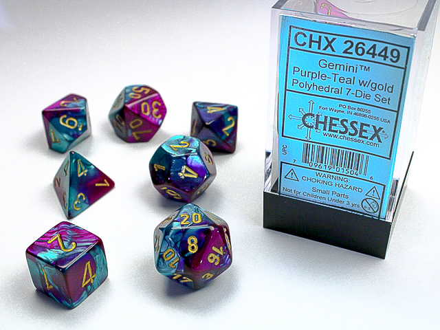 [ลูกเต๋า] Chessex: CHX26449 7 Die Polyhedral Gemini Polyhedral Purple-Teal/Gold