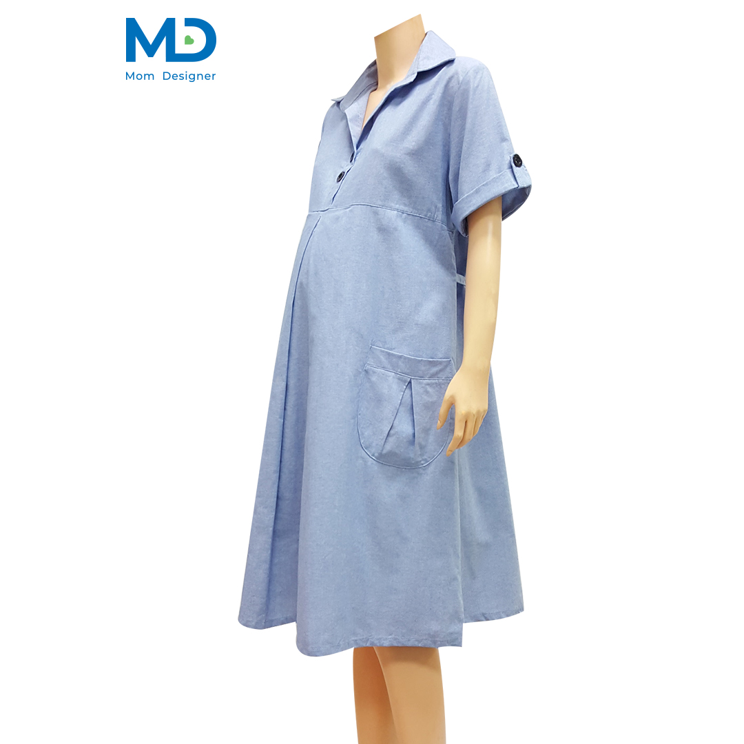 005BU ชุดคลุมท้องปกเชิ้ตกระเป๋าหน้า สีฟ้า