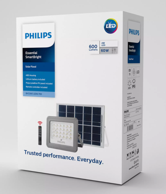 Philips สปอร์ตไลท์โซล่าเซลล์ รุ่น BVC080 60W 90W 150W แสงส้ม WARMWHITE โคมโซล่าเซลล์ Solar Flood Light Essential SmartBright ประกัน สินค้า1ปี มี3ขนาด 60W/90W/150W
