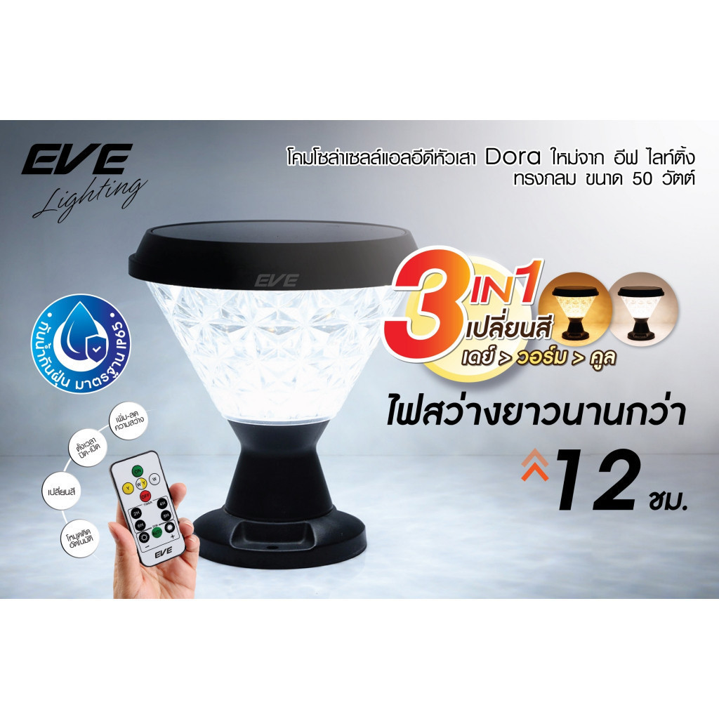 ( 1 แถม 1 ) EVE โคมไฟ โซล่าเซลล์ รุ่น DORA เปลี่ยนสีได้ 3 สี ขนาด 50w ทรงกลม / เหลี่ยม มี 3 แบบ หัวเสา ตั้งพื้น ติดผนัง