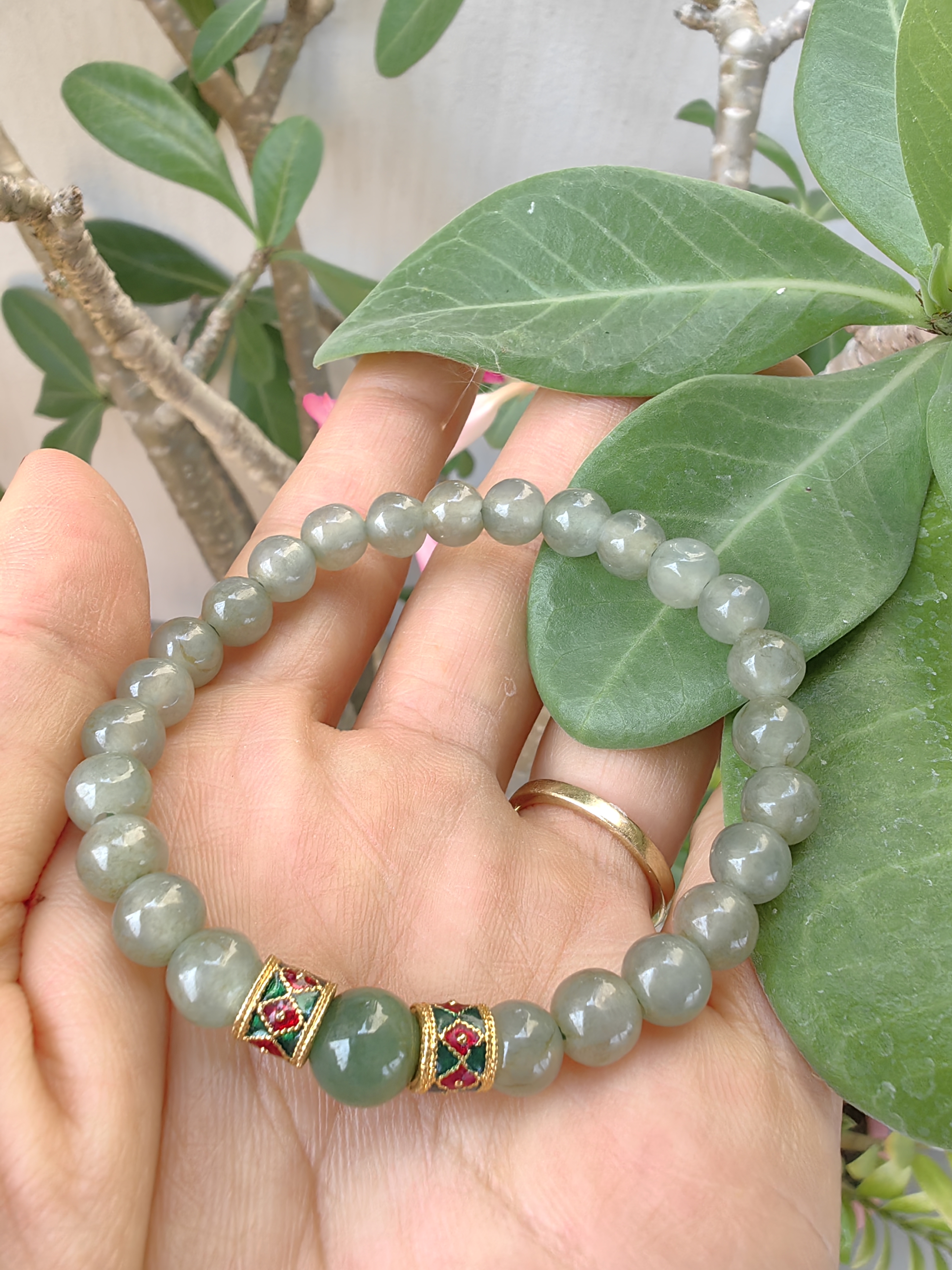 Burmese Jadeite Bracelets Thai Enamel Gold plated 7 mm. สร้อยข้อมือหยกพม่า ลงยาสุโขทัย กลม 7 มม. Free Size