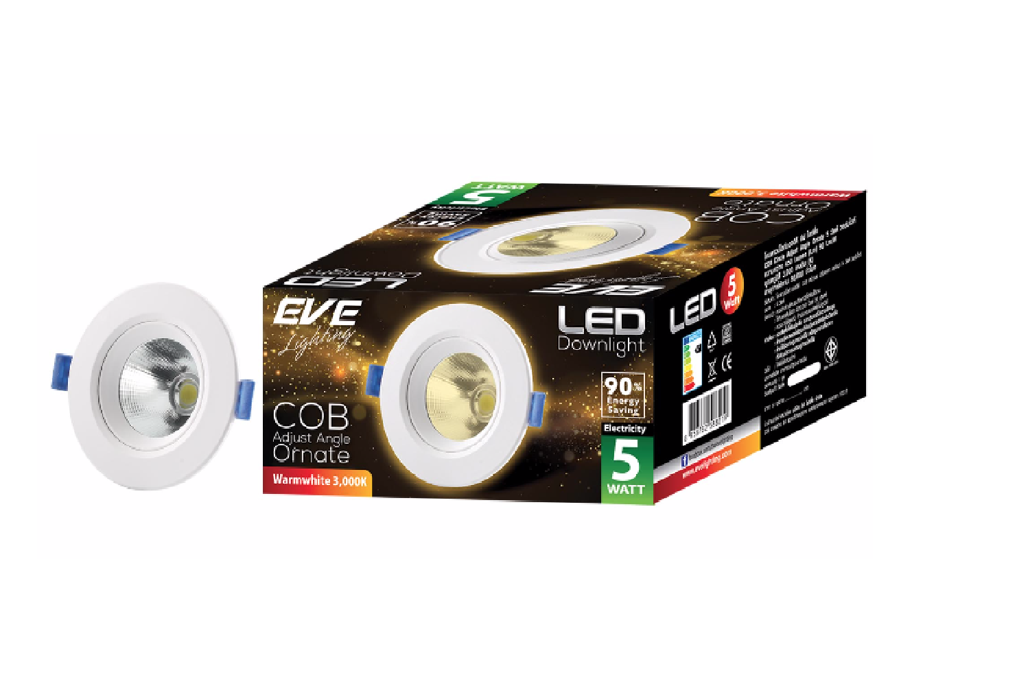 EVE ไฟดาวน์ไลท์ COB LED 5W ขนาด 3 นิ้วไฟปรับองศาได้ แสงขาว แสงส้ม 1ตัว