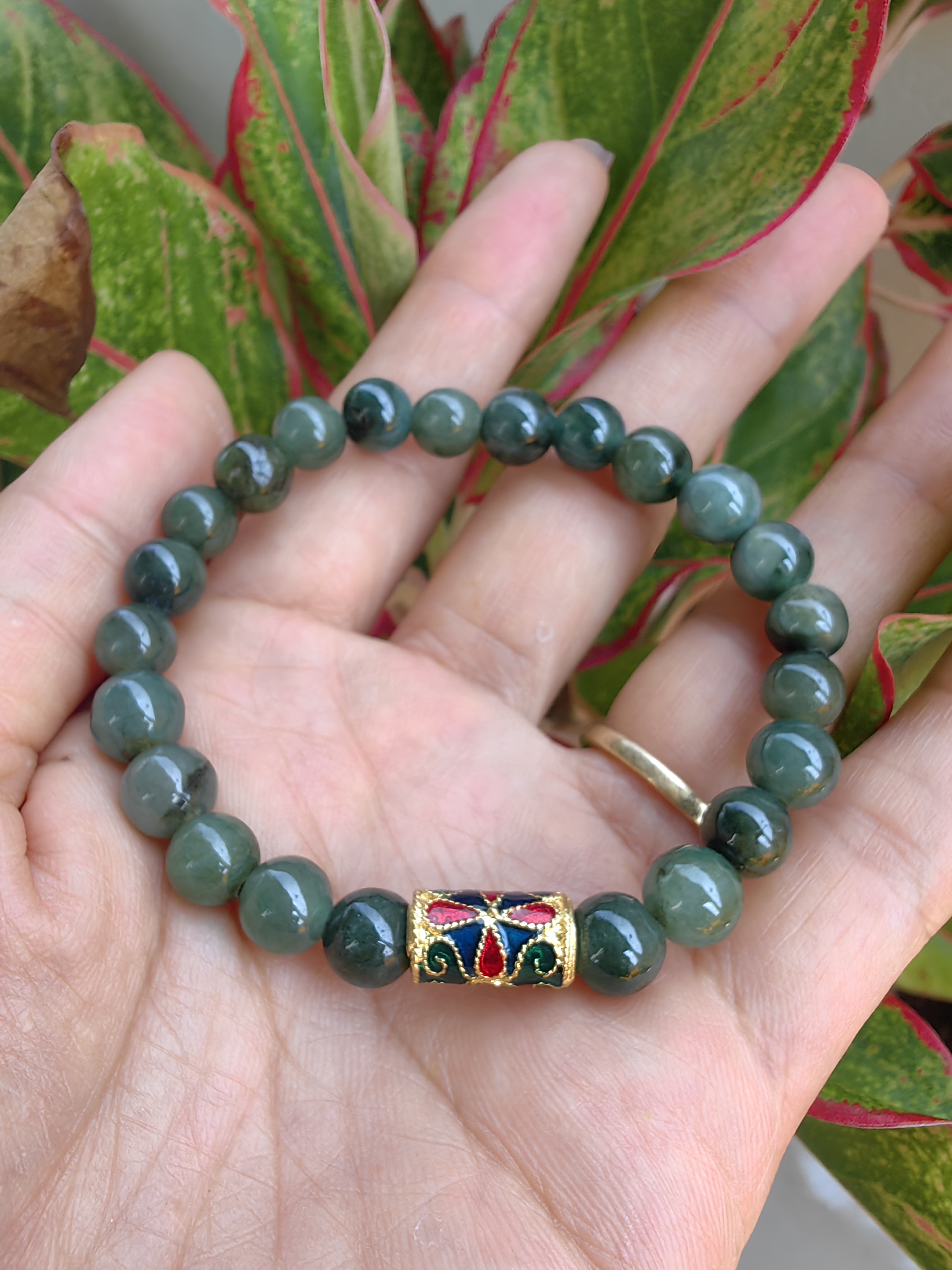 Burmese Jadeite Bracelets Thai Enamel Gold plated 8 mm. สร้อยข้อมือหยกพม่า ลงยาสุโขทัย กลม 8 มม. Free Size