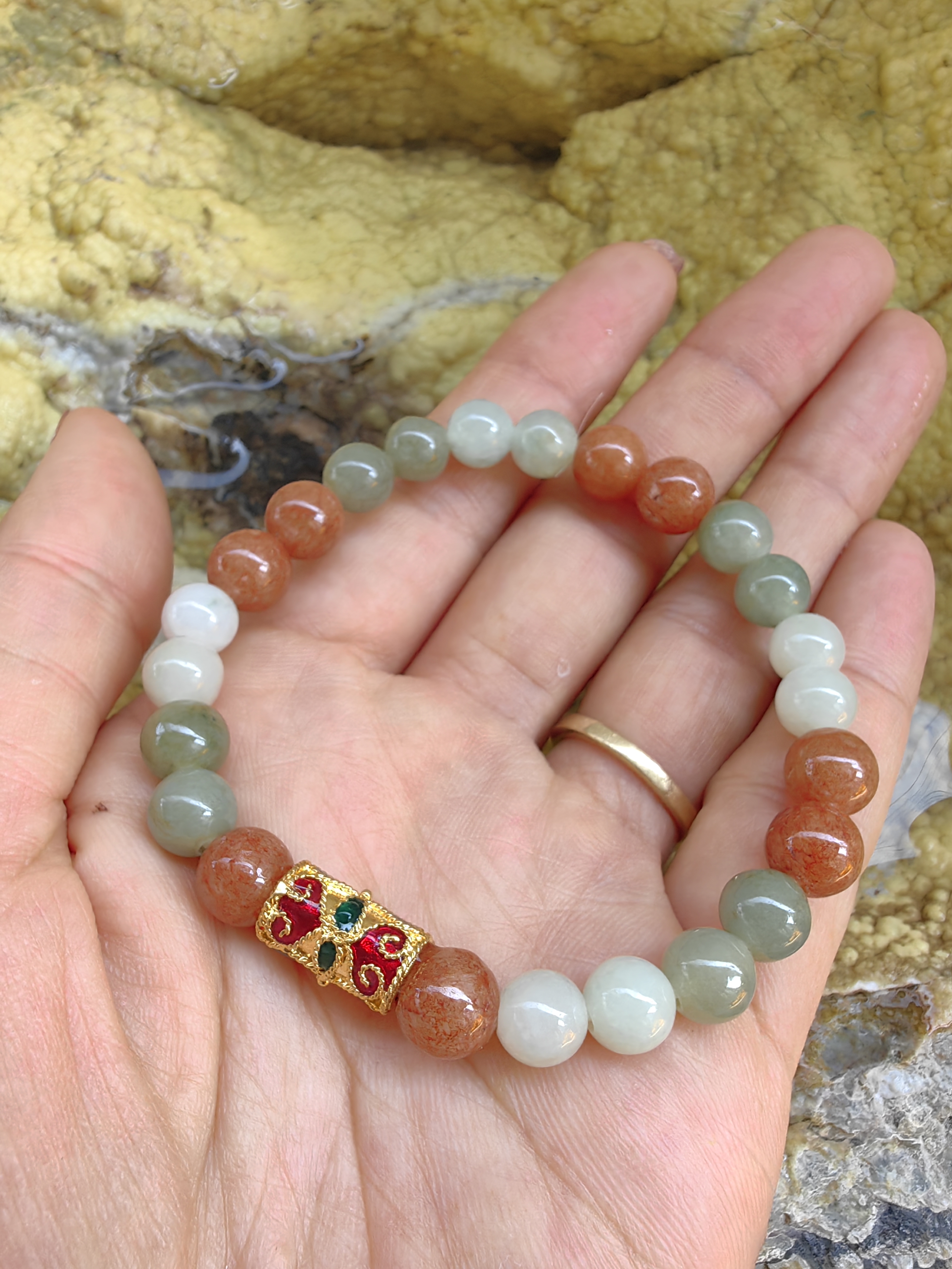 Burmese Jadeite Bracelets Thai Enamel Gold plated 8 mm. สร้อยข้อมือหยกพม่า ลงยาสุโขทัย กลม 8 มม. Free Size