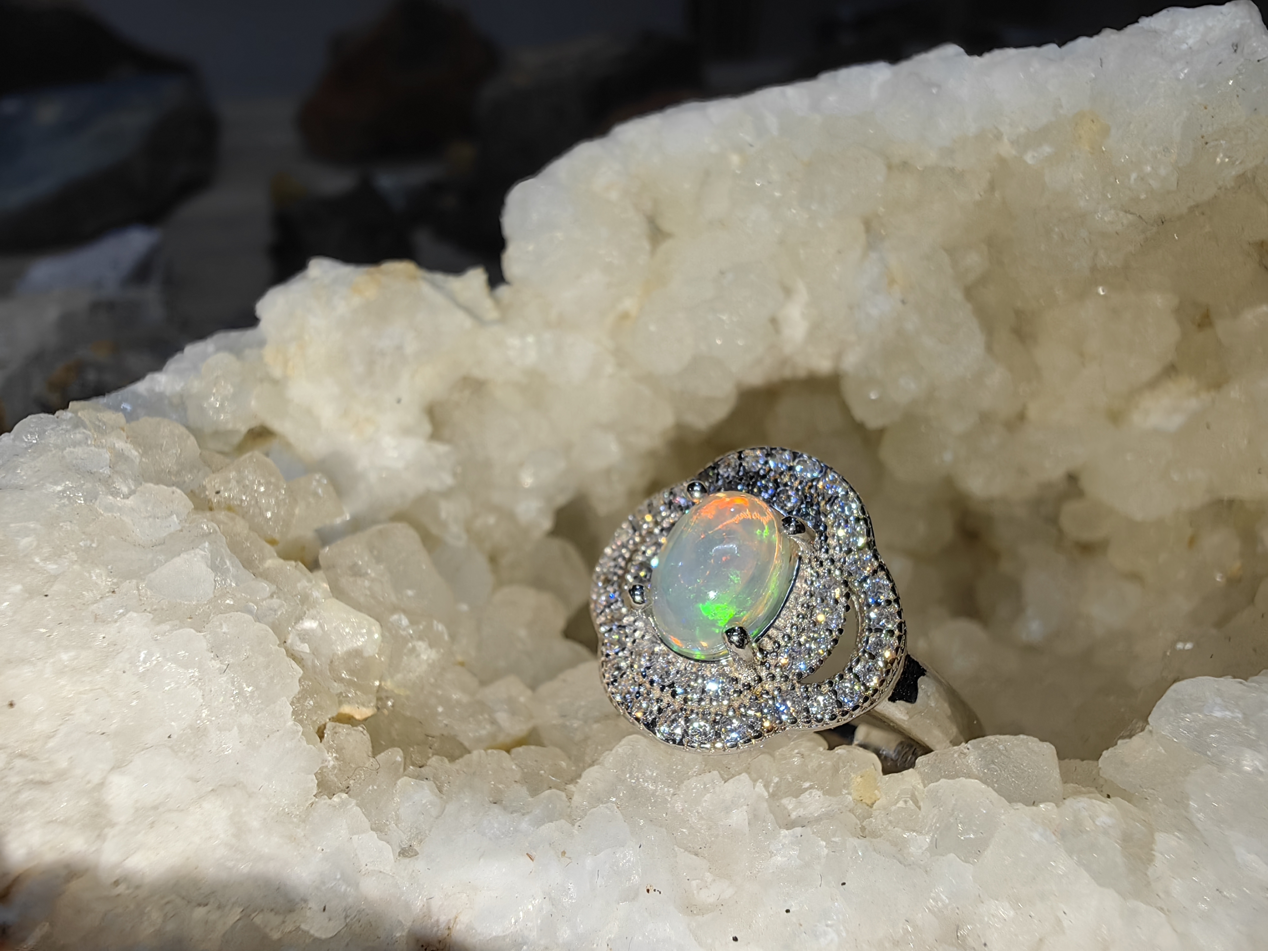 Opal, Swiss Diamond 925 Sterling Silver Ring แหวนโอปอ เพชรสวิส เงินแท้ 925 Size 56