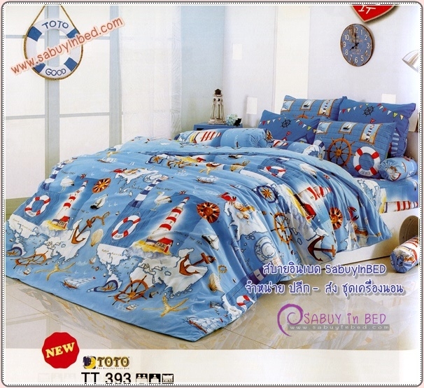 ผ้าปูที่นอนลายประภาคาร เรียงรายกันอยู่กลางทะเล สีฟ้า แซมก้อนเมฆ สีขาว - TT393 - ชุดเครื่องนอนโตโต้ลายการ์ตูนท้องทะเล ไม่มีรอยต่อ ยางยืดรัดรอบที่นอน