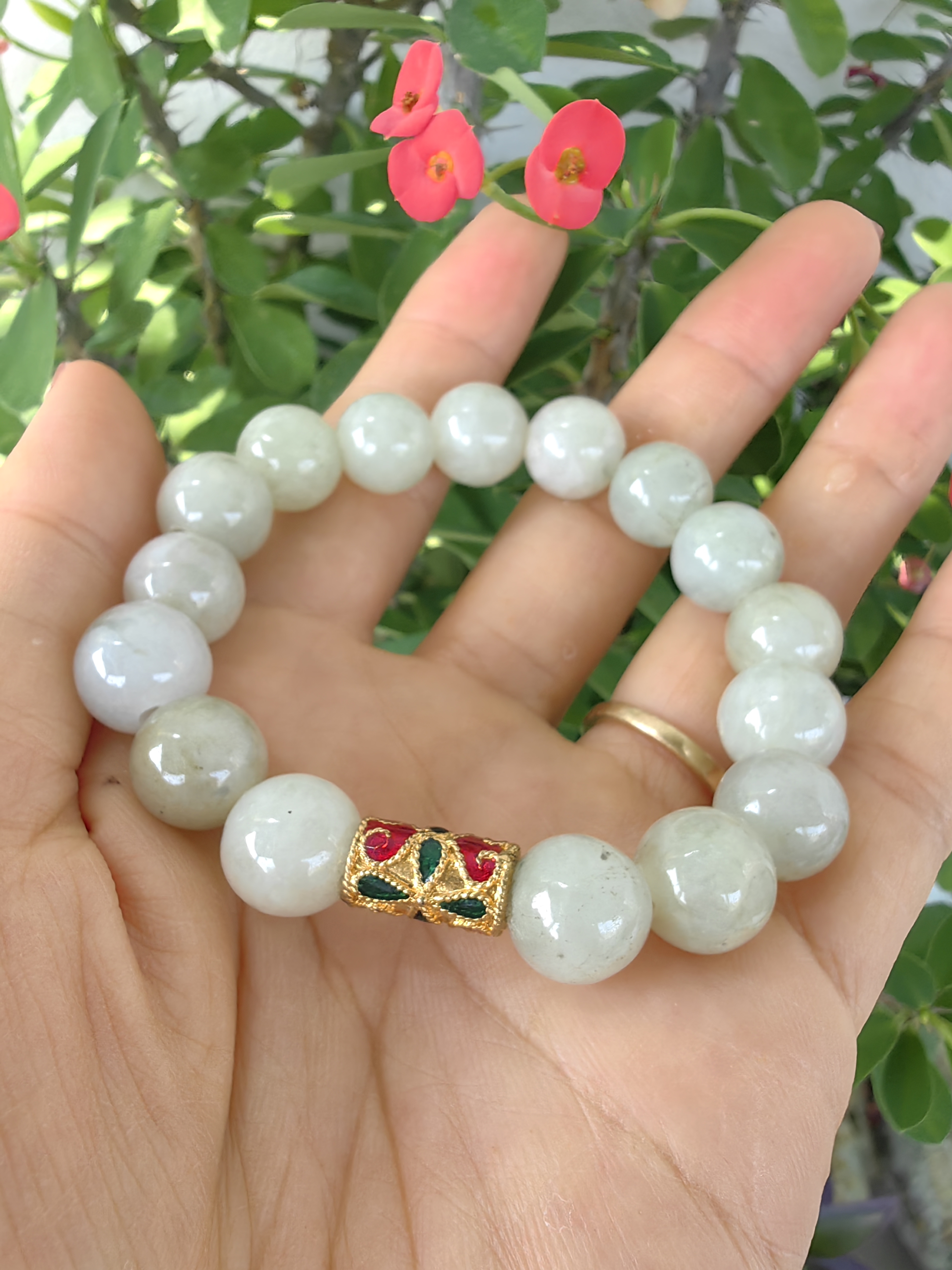 Burmese Jadeite Bracelets Thai Enamel Gold plated 11 mm. สร้อยข้อมือหยกพม่า ลงยาสุโขทัย กลม 11 มม. Free Size