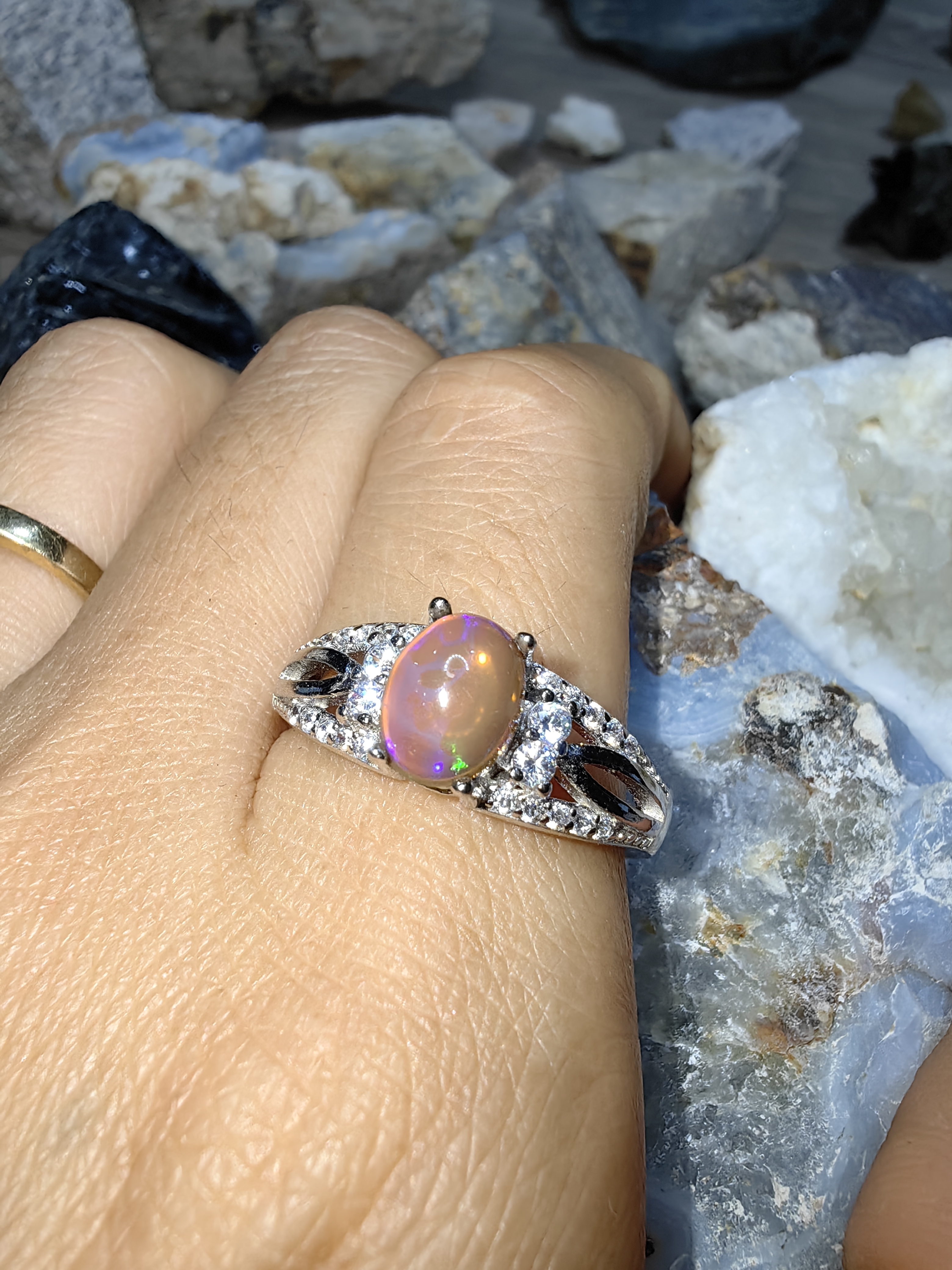 Opal, Swiss Diamond 925 Sterling Silver Ring แหวนโอปอ เพชรสวิส เงินแท้ 925 Size 60