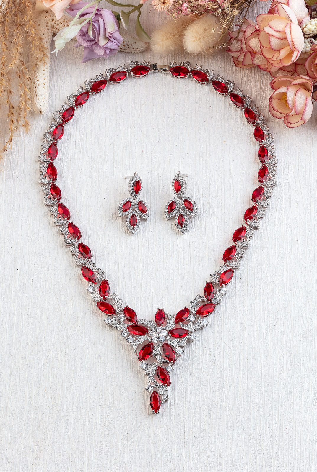 RUBY DIAMOND 18K WHITE GOLD NECKLACE EARRING สร้อยคอ ต่างหู ทับทิม ล้อมเพชร ทอง 18K Pre-order