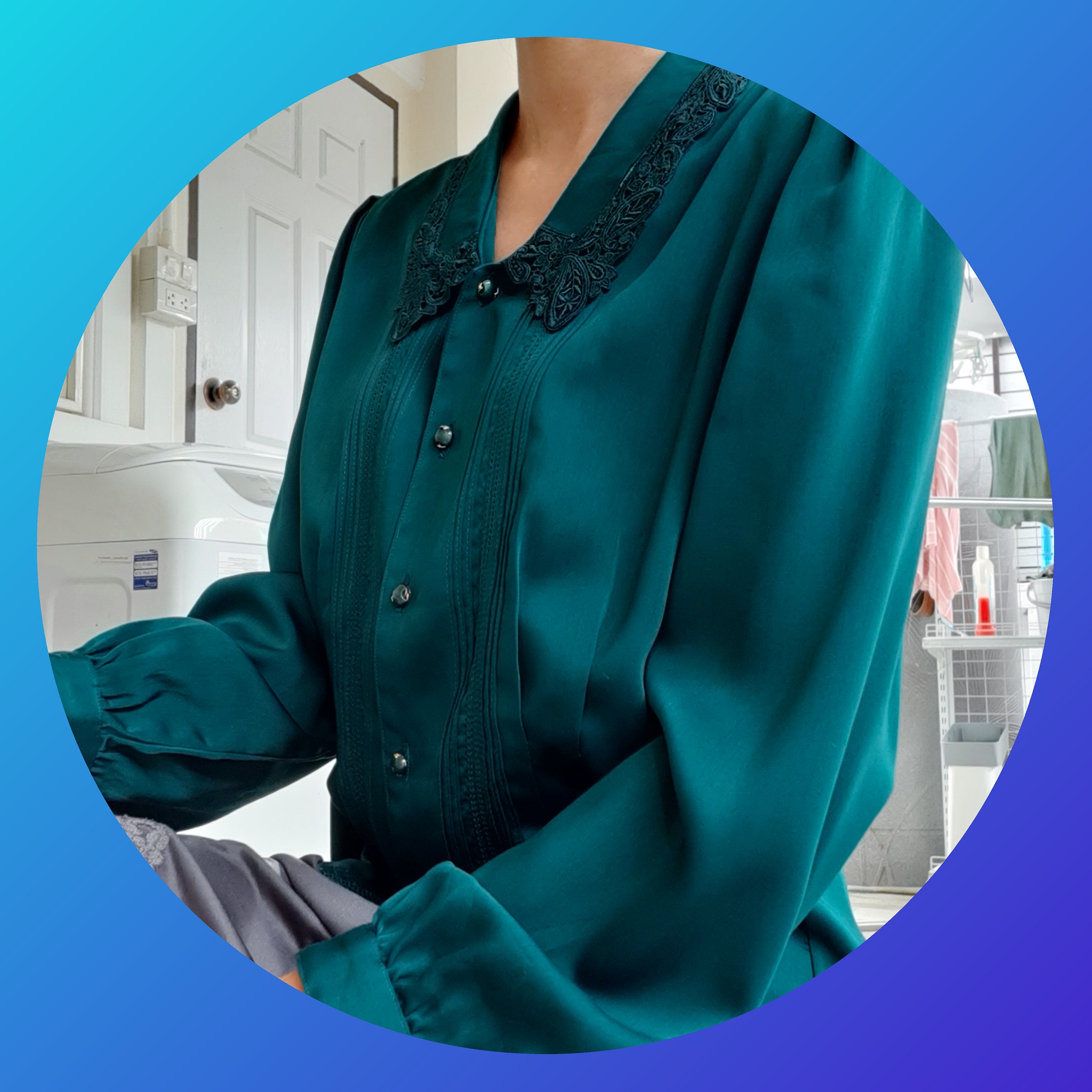 เสื้อเชิ้ตวินเทจปกลูกไม้ สีเขียวหัวเป็ด