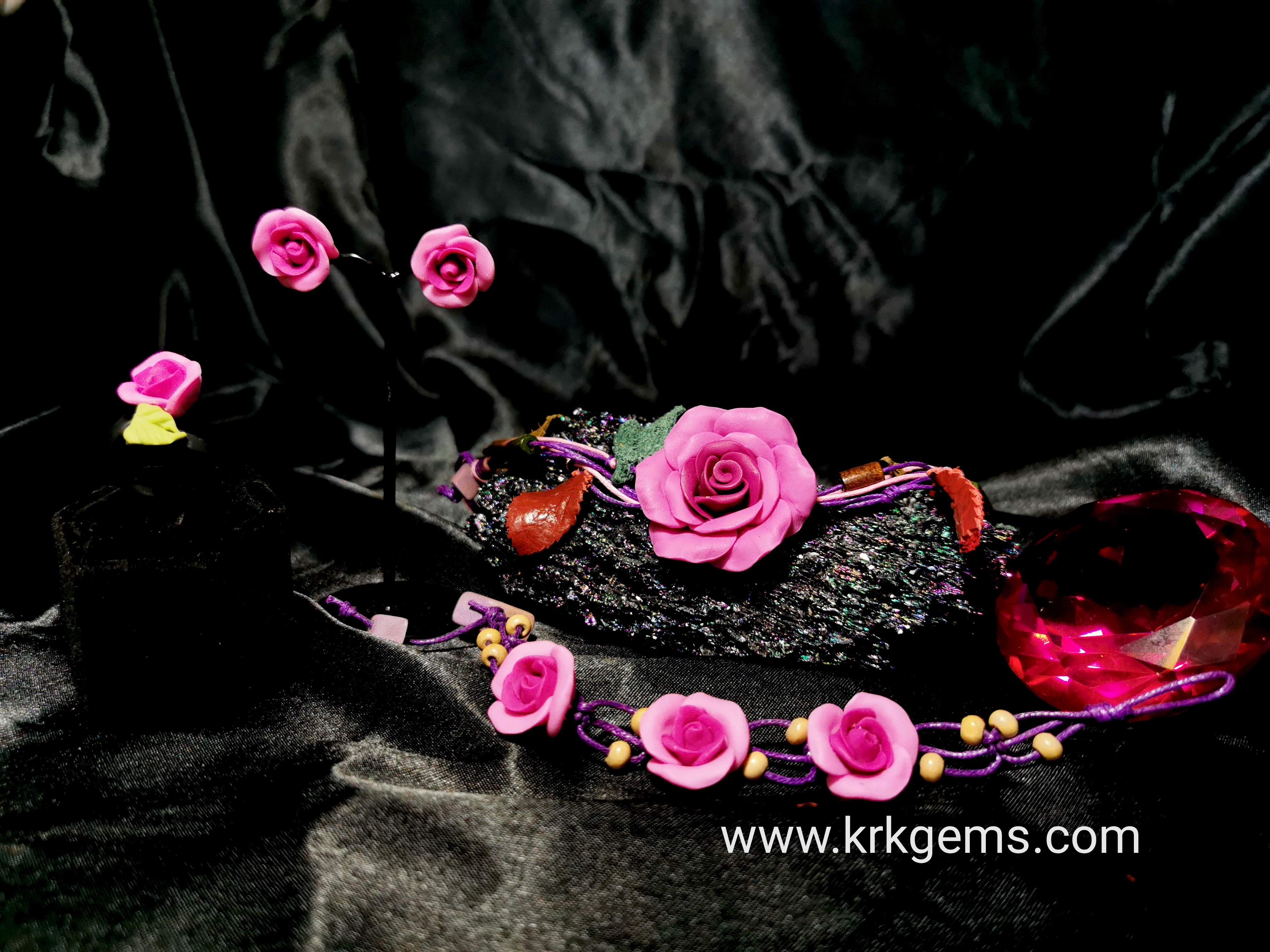 PURPLE ROSE HANDMADE CLAY NECKLACE BRACELET EARRING RING