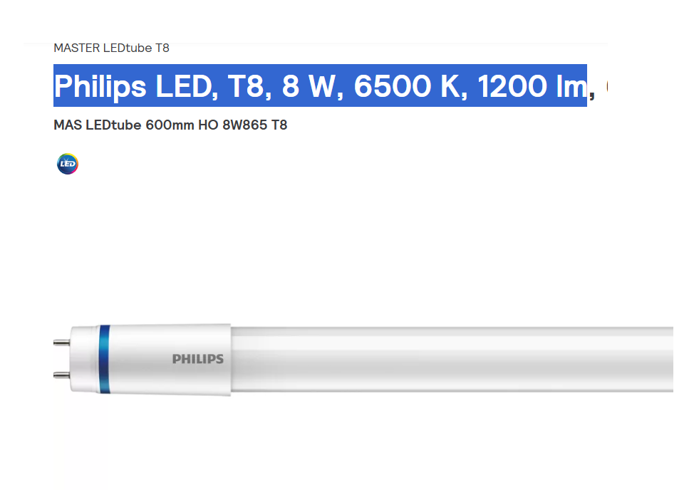 Philips MASTER หลอดไฟรุ่นมาสเตอร์แอลอีดี LED tube 8W865 T8 1050Lm T8 600มม 1050ลูเมน LEDtube 600mm HO