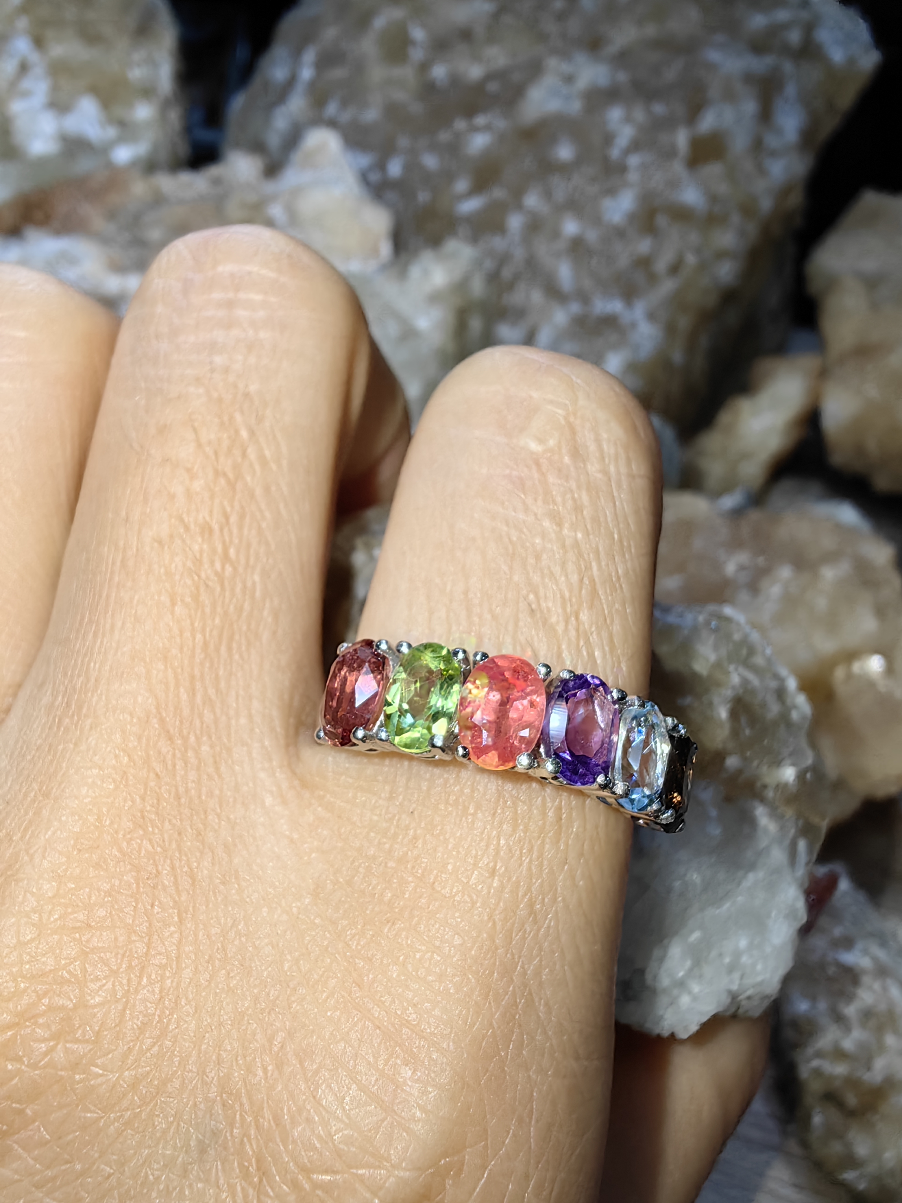Ruby, Peridot, Tourmaline, Amethyst, Topaz, Smoky Quartz 925 Sterling Silver แหวนทับทิม เพอริดอท ทัวร์มาลีน อเมทิสต์ สโมกกี้ควอตซ์ Size 57 เงินแท้ 925