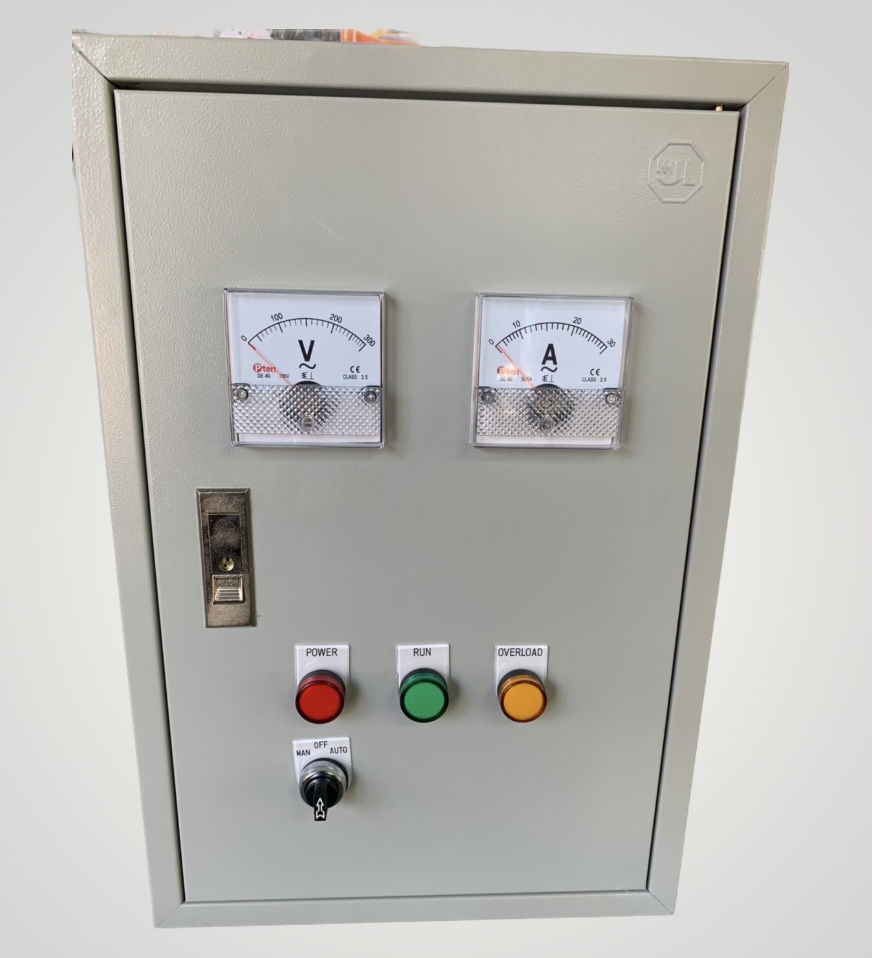 ตู้ควบคุมปั๊มน้ำ 5HP 1เฟส 220 v ใช้กับลูกลอยไฟฟ้า 24Vdc , Vac ตู้เหล็กกันน้ำ