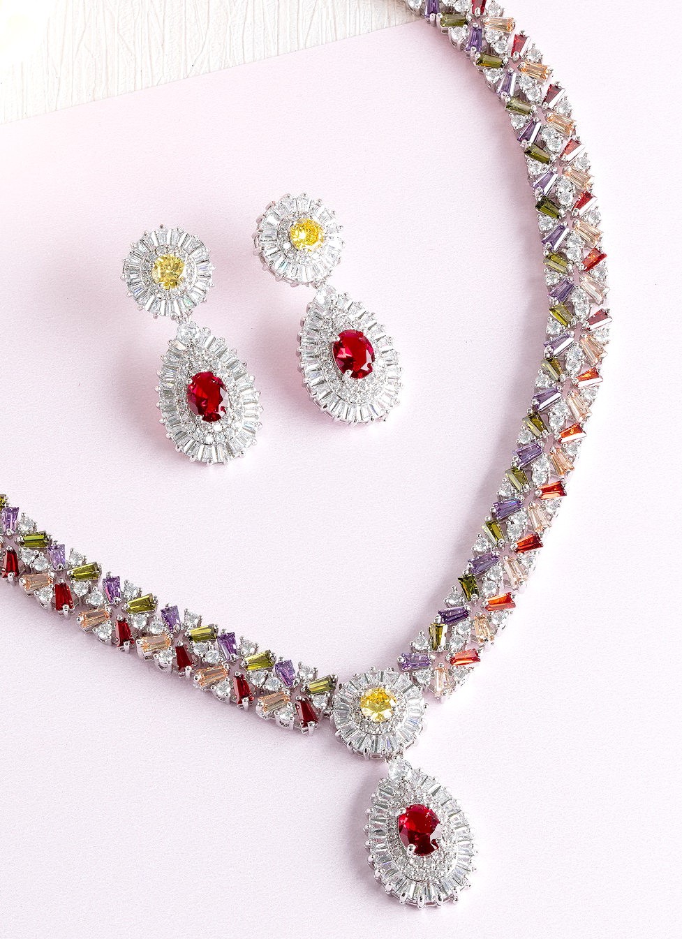 RUBY MULTI COLORED SAPPHIRE 18K WHITE GOLD NECKLACE EARRING สร้อยคอ ต่างหู ทับทิม แซฟไฟร์หลากสี ล้อมเพชร ทอง 18K Pre-order
