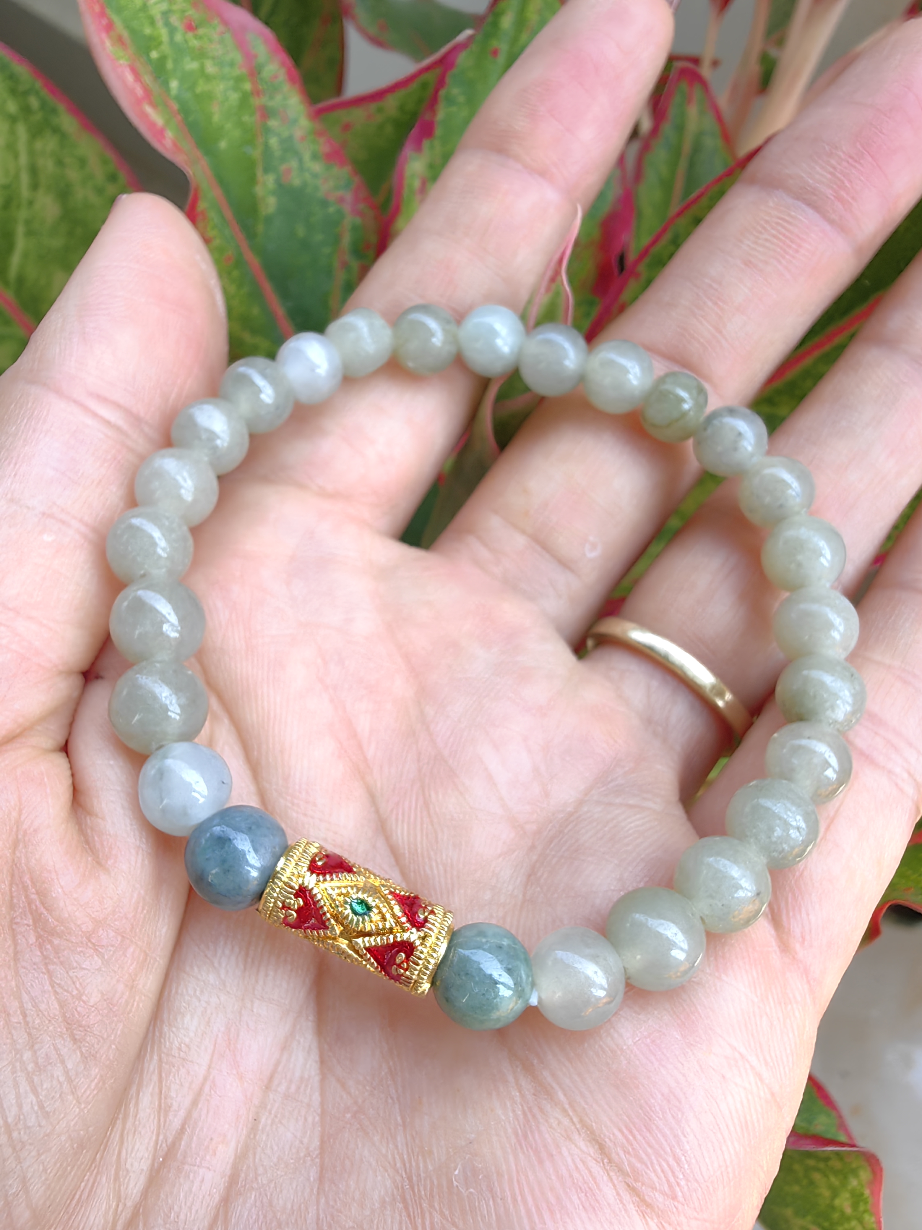 Burmese Jadeite Bracelets Thai Enamel Gold plated 7 mm. สร้อยข้อมือหยกพม่า ลงยาสุโขทัย กลม 7 มม. Free Size