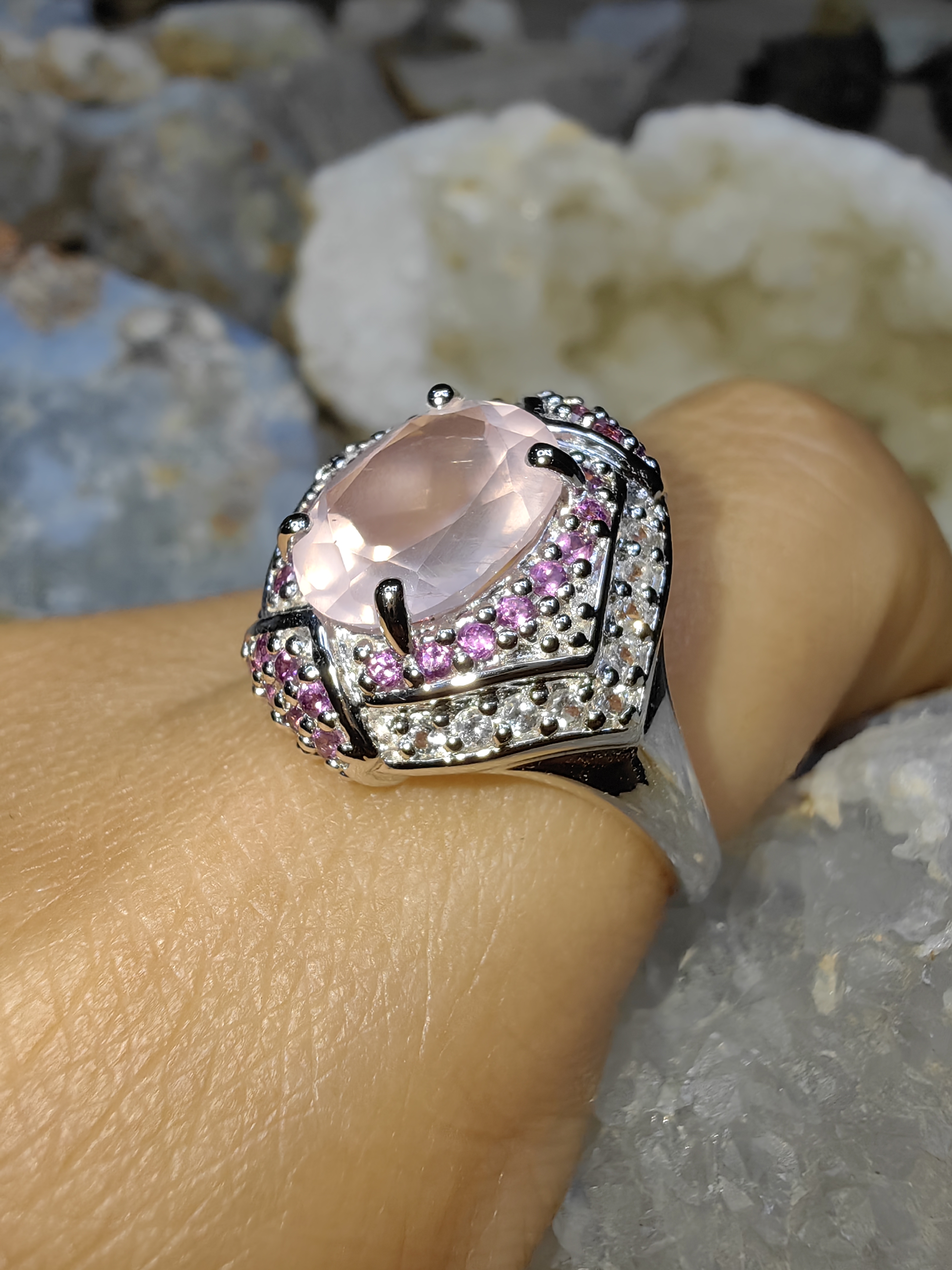 ROSE QUARTZ RHODOLITE RING