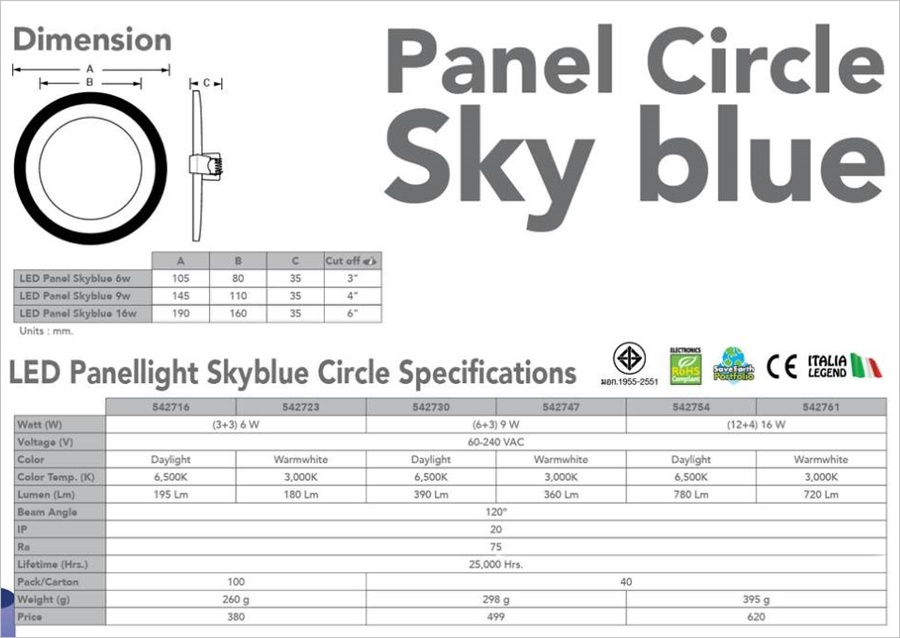 EVE โคมไฟ ดาวน์ไลท์ LED Panel Light Skyblue หน้ากลม 9W Skyblue 6+3 5นิ้ว 9W 3สเต๊ป ขาวหรือส้ม