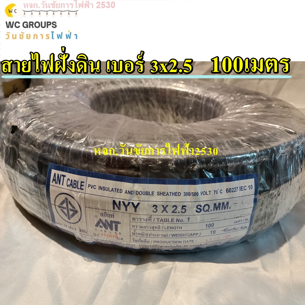 ANT สายไฟฝั่งดิน สายฝังดินโดยตรง NYY 3x2.5 ความยาว 100เมตร 3แกน เบอร์ 2.5 มาตรฐานการไฟฟ้า ป้องกันความชี่น สายไฟกันน้ำ กันชิ้น
