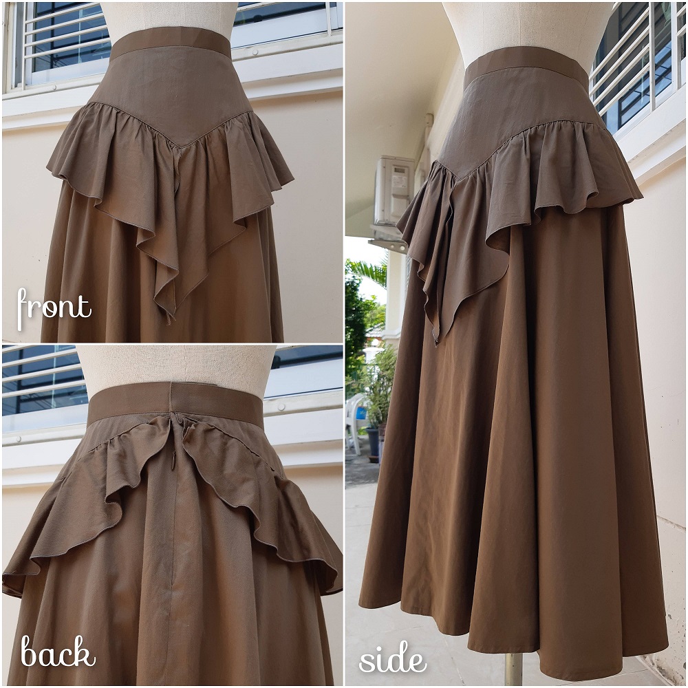 กระโปรงยาวงานวินเทจสีนเำตาล แต่งริ้วหน้า-หลัง