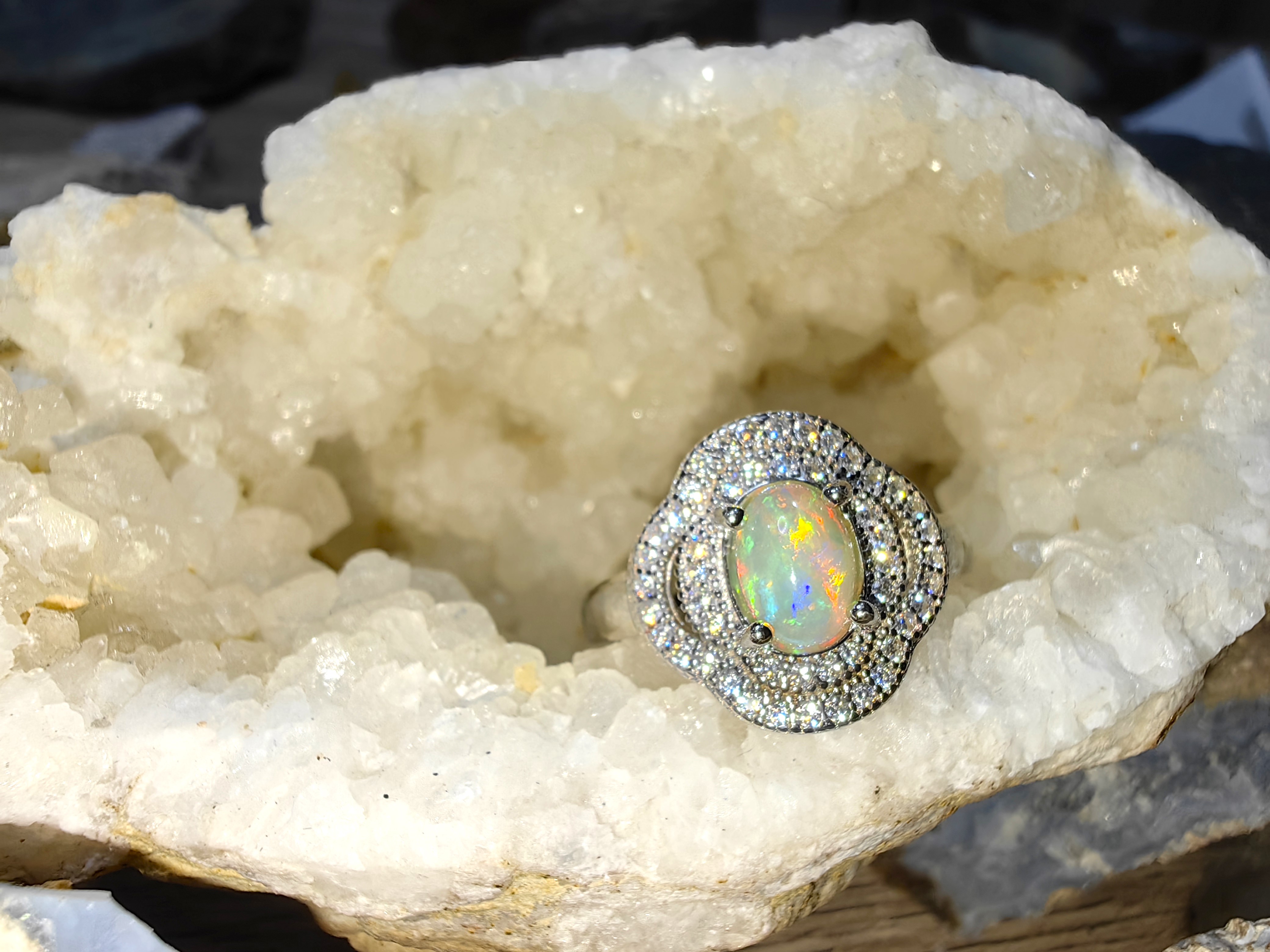 Opal, Swiss Diamond 925 Sterling Silver Ring แหวนโอปอ เพชรสวิส เงินแท้ 925 Size 56